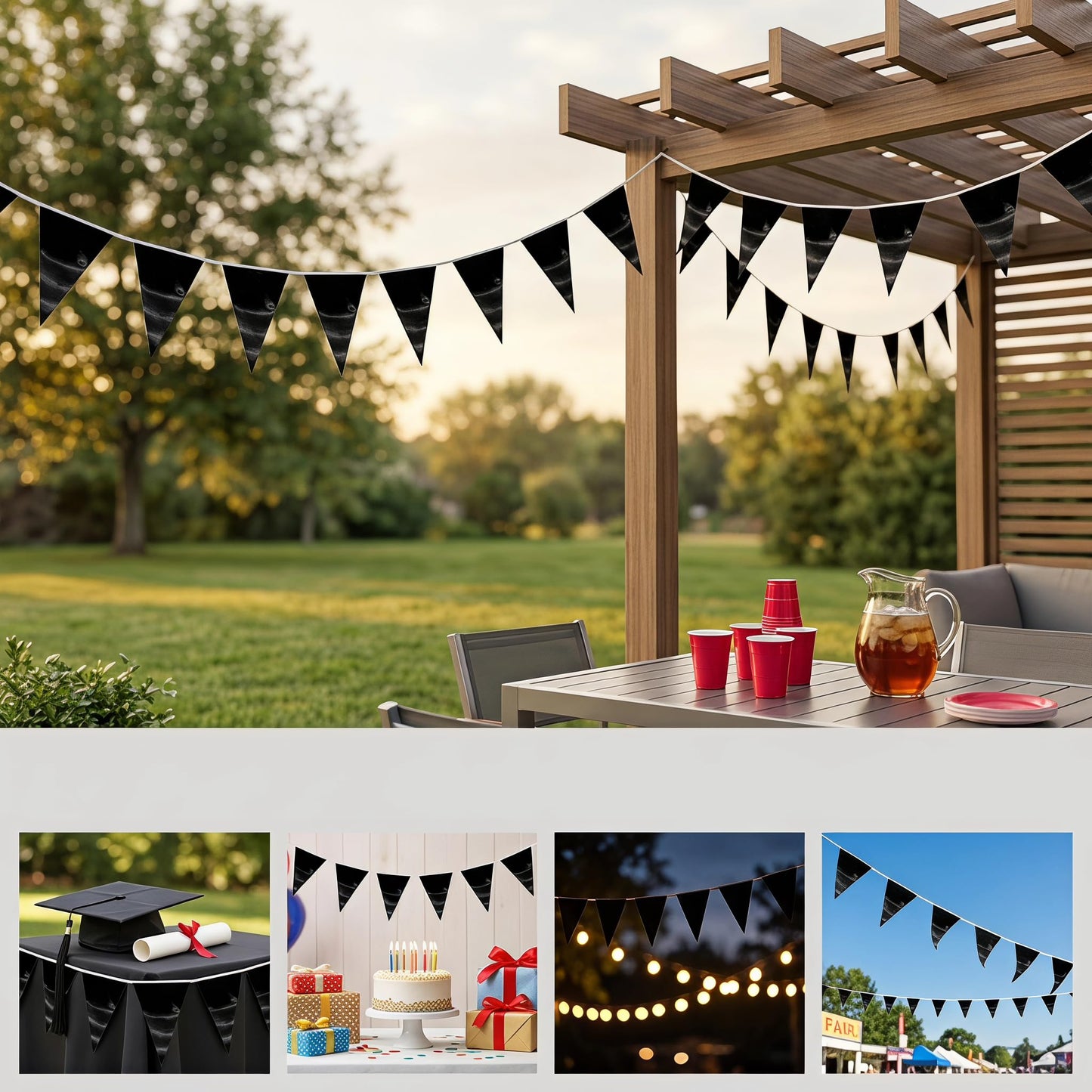 40M/130FT Black Triangle Pennant Banner Flag Metallic Fabric Bunting Garland for Christmas Graduation Birthday Wedding Engagement Bachelorette Holiday Halloween Celebration Hen Party Supplies