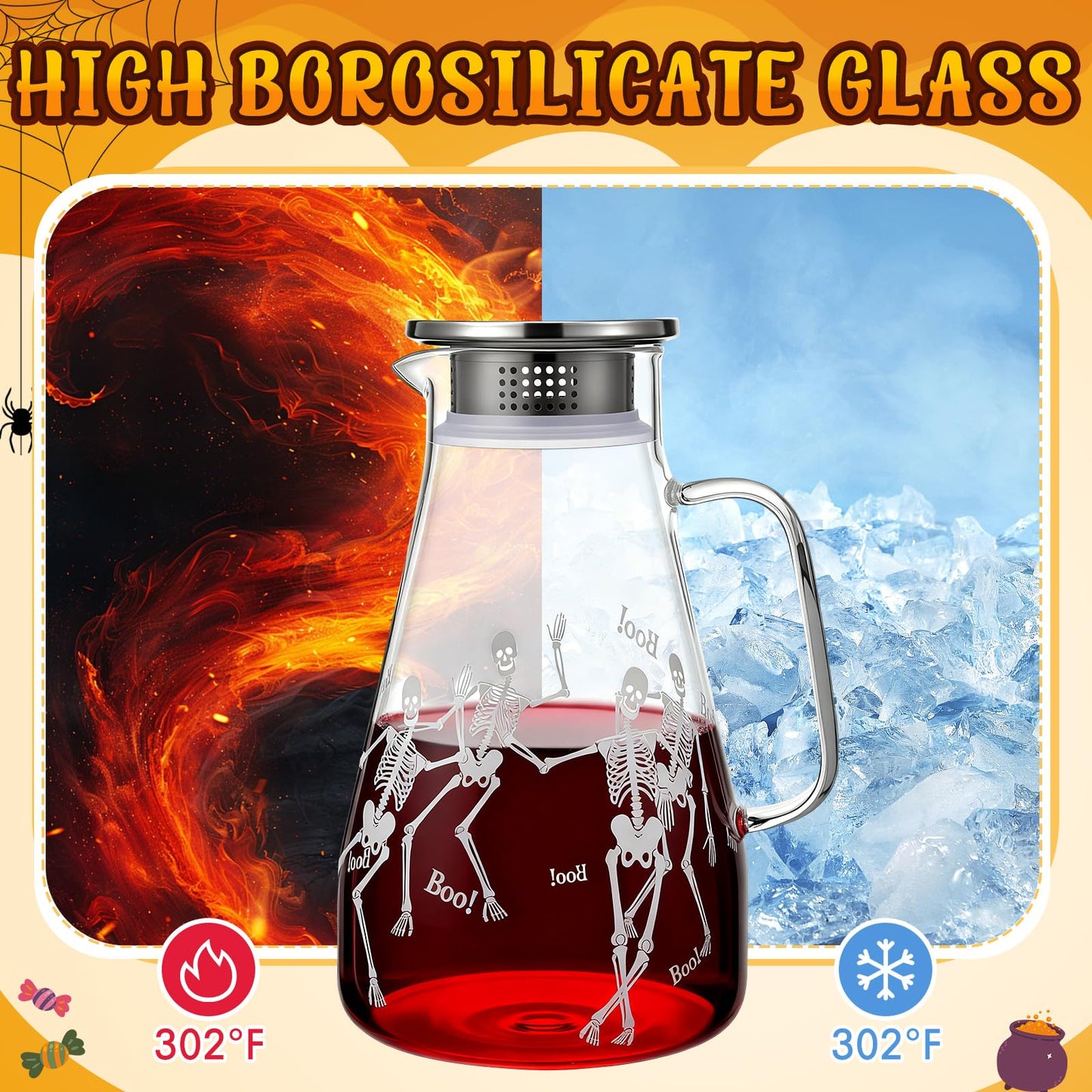 Domensi 74 oz / 2200 ml Glass Pitcher with Lid Water Pitcher with Handles Beverage Water Jar Glass Jug Hot and Cold Resistant Carafe for Tea Juice Milk Coffee Iced Beverage (Skeleton)