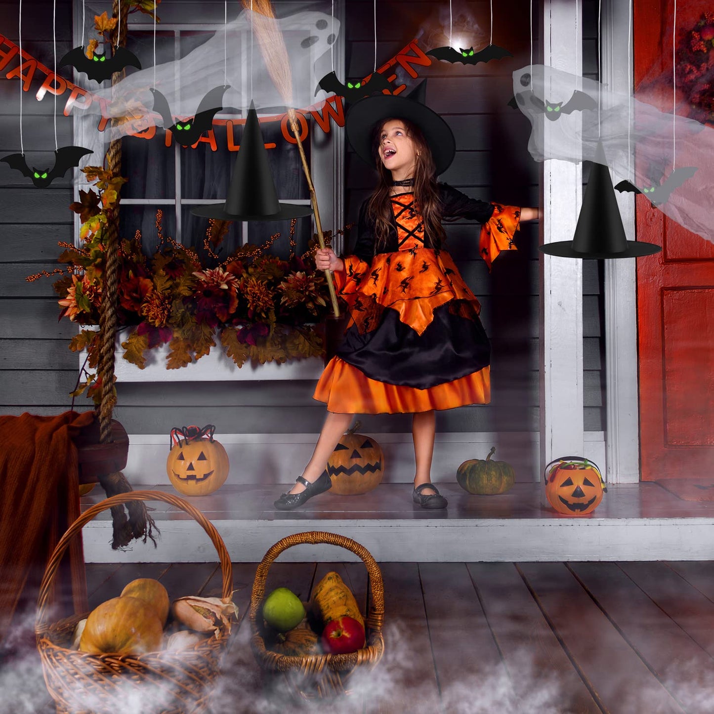 Fovths 12 Pieces Halloween Hanging Decoration With Glow Eyes - 6 Pack Black Witch Hat for Garden Yard Lawn Scary Decor Outside