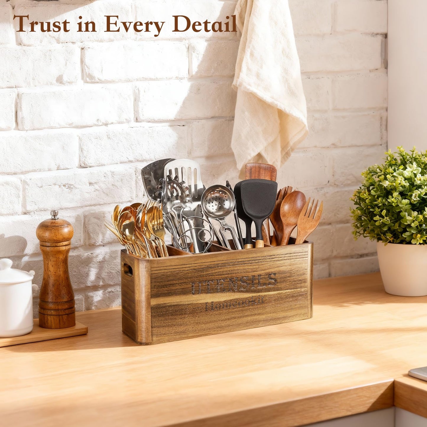 Homcookit Utensil Holder for Kitchen Countertop, Extra Large Acacia Wood Organizer, 4-Compartment Storage for Cooking Tools, Farmhouse-Style Cutlery Holder