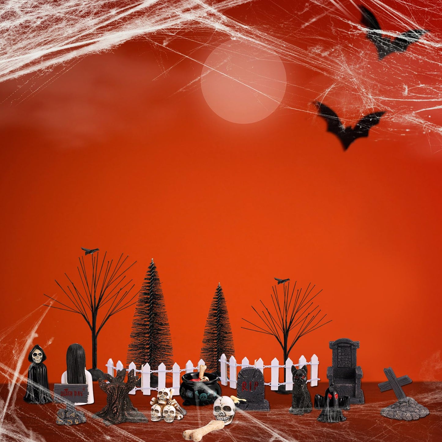 Liliful 32 Pcs Halloween Village Miniature Town Accessories Set Halloween Figurines Spooky Bare Branches Tombstones Skeleton Skulls Resin Horror Village Collections for Party Town Decorations