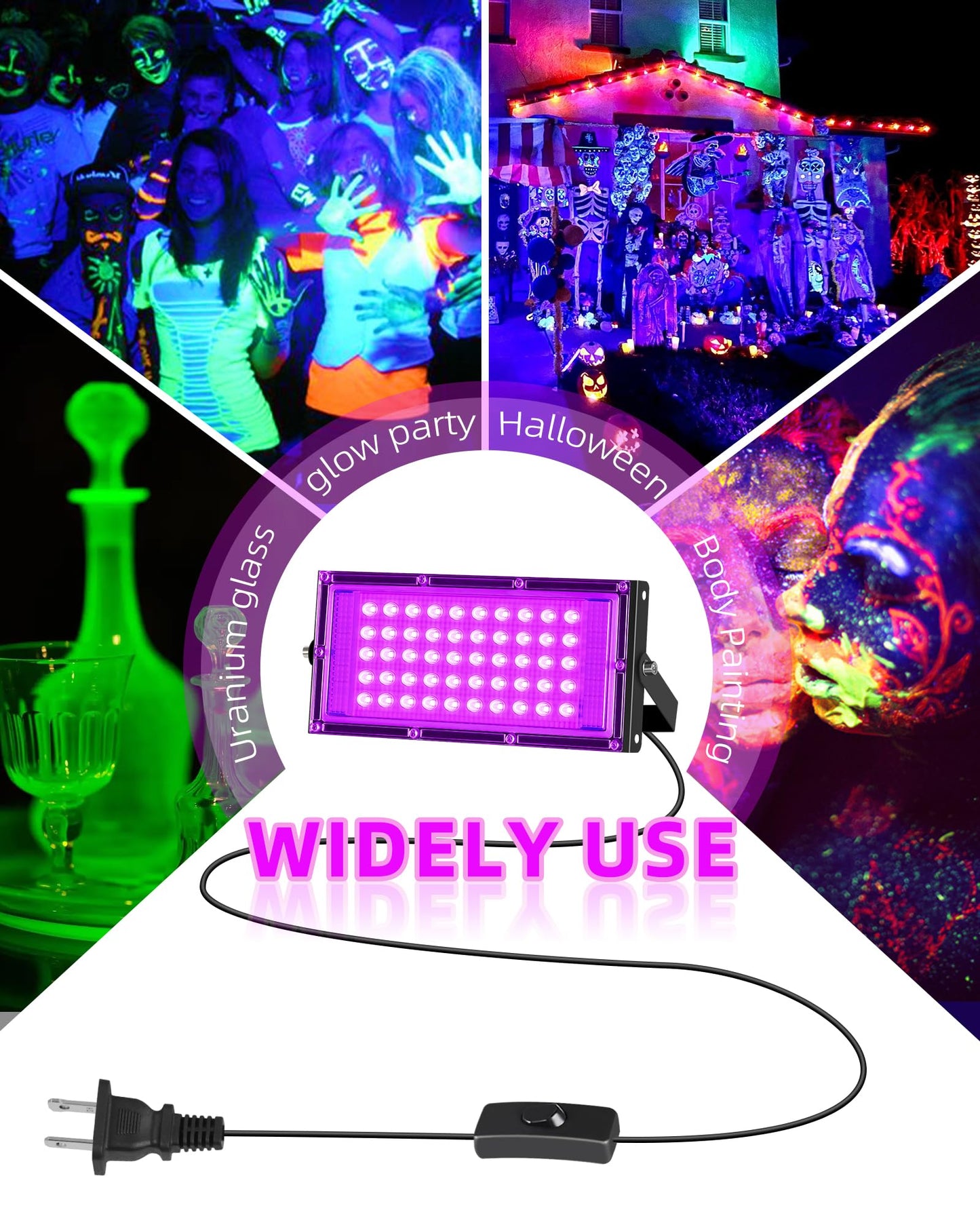 THECHAM 50W LED Black Lights IP66 Waterproof Black Light Outdoor with 6ft Plug+Switch,Flood Blacklight for Halloween Glow in The Dark Party Stage Light Neon Glow Birthday 1 Pack