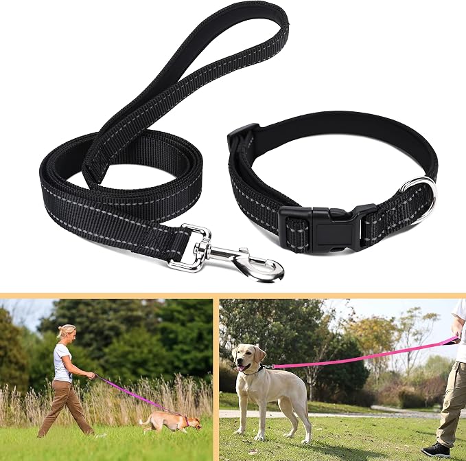Soft Neoprene Padded Dog Collar and Leash Set for Small Medium Large Dogs, Reflective Durable Nylon Dog Collar with 5ft Leash Easy for Walking, Black,Neck fit 14.0-23.5’’