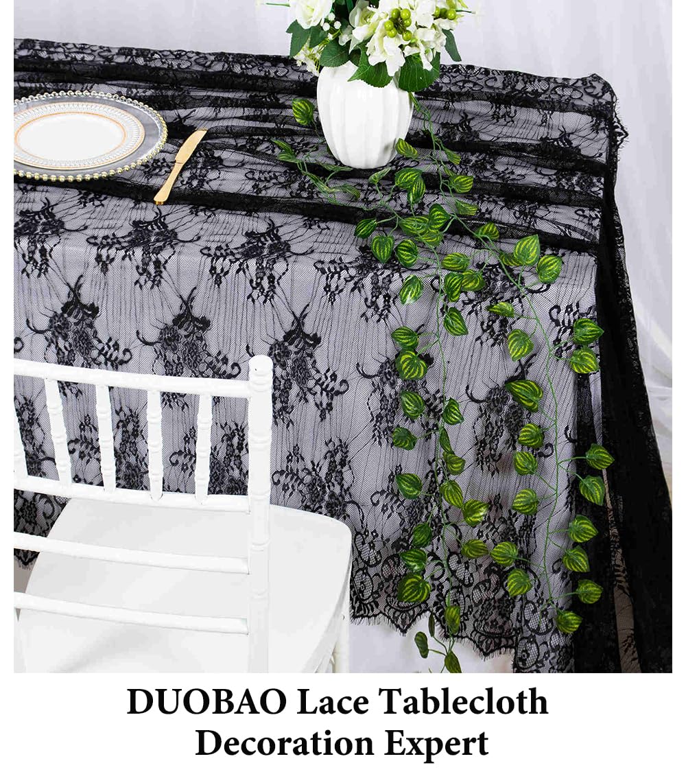 DUOBAO Black Embroidered Lace Tablecloth 60x120 Inch - Wrinkle-Resistant Rectangular Table Cloth for Halloween Weddings, Outdoor Parties & Holiday Dining Decorations