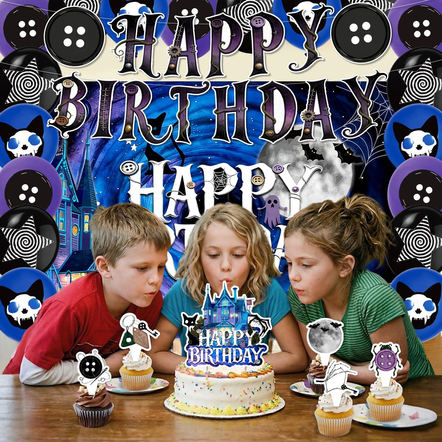 42Pcs Horror Movie Button Eyes Birthday Party Decorations Include Cake Topper Cupcake Toppers Horror Movie Happy Birthday Party Flag Banner and Balloons Backdrog