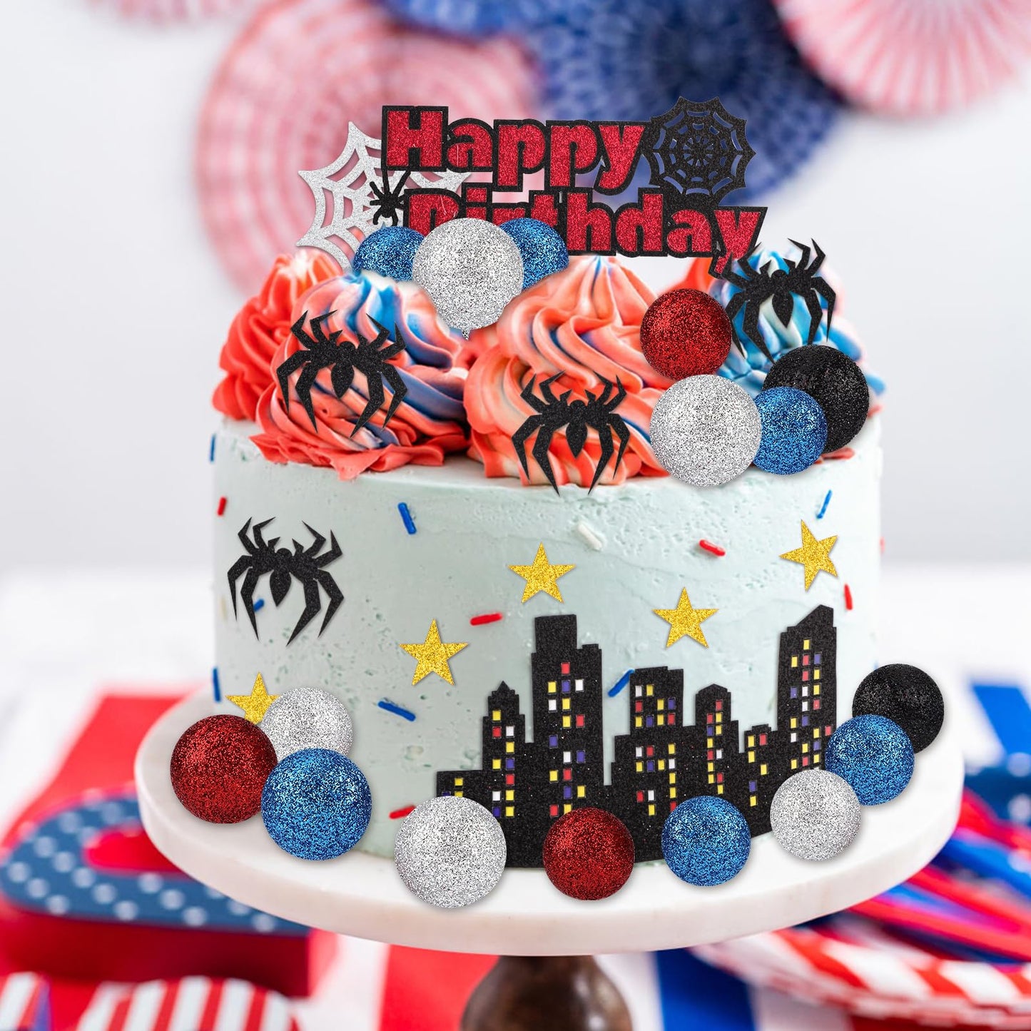 38pcs Spider Theme Cake Toppers, Spider Cake Decorations Foam Balls Happy Birthday Spider Web Decorations for Boys Men Birthday Baby Shower Spider Theme Parties