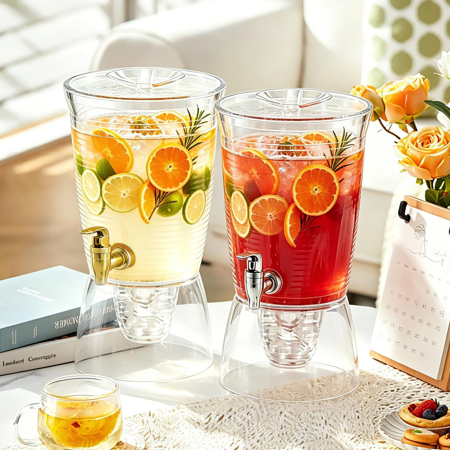 1.6 Gallon Drink Dispenser for Parties, 2 Pack Plastic Beverage Container with Stand for Counter Tops, for Tea,Drinks, Juice, Punch & Water Party Hosting