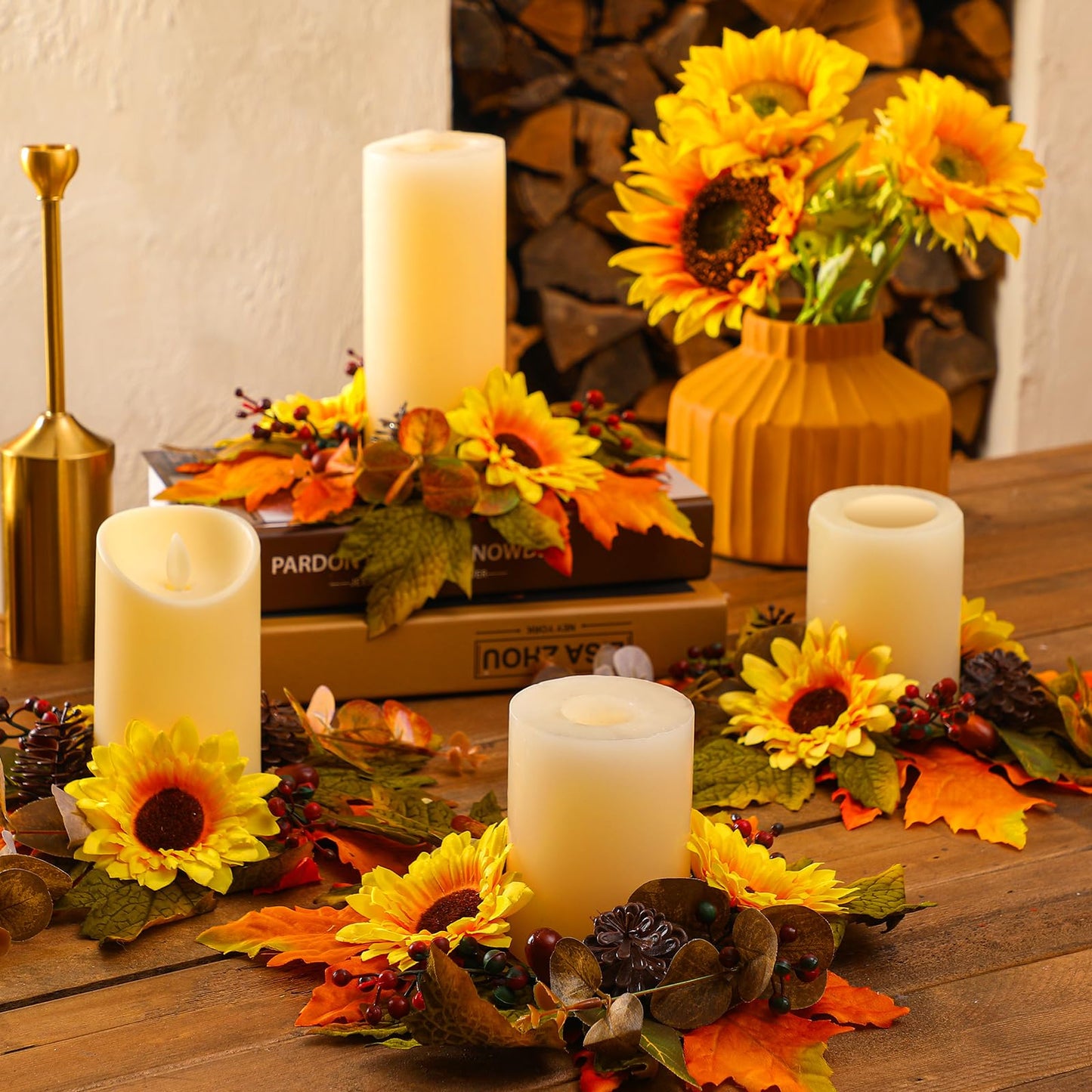 Ceenna 4 Pcs Thanksgiving Fall Candle Rings 3.7 Inch Center Fall Candle Rings Wreath Thanksgiving Autumn Decorative Artificial Maple Leaf Sunflowers Floral Holder Festival Holiday Party Decoration