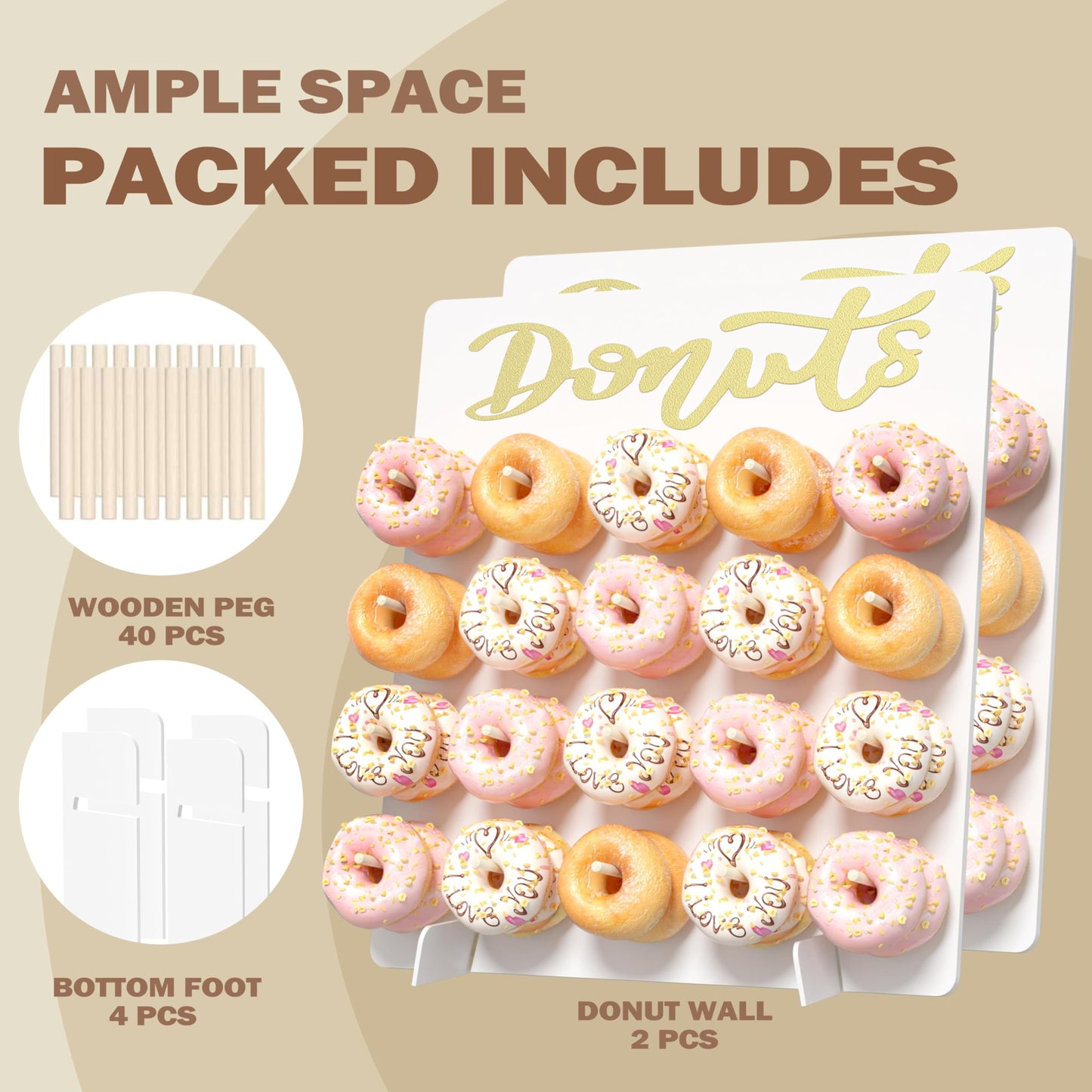 CORTNK Wooden Donut Wall Display Stand, 2PCS Holder for 40 Doughnuts, Board for Grow Up Party, Birthday, Wedding, Baby Shower, Party Decorations (White)
