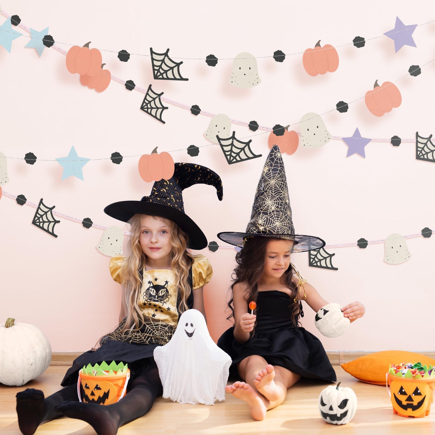 Cheerland Pastel Halloween Garland Cute Halloween Decorations Pastel Spooky Party Pumpkin Flag Spiderweb Ghost Banner Spooky One Boo Birthday Party Supplies Baby Shower Classroom Home Hanging Decor
