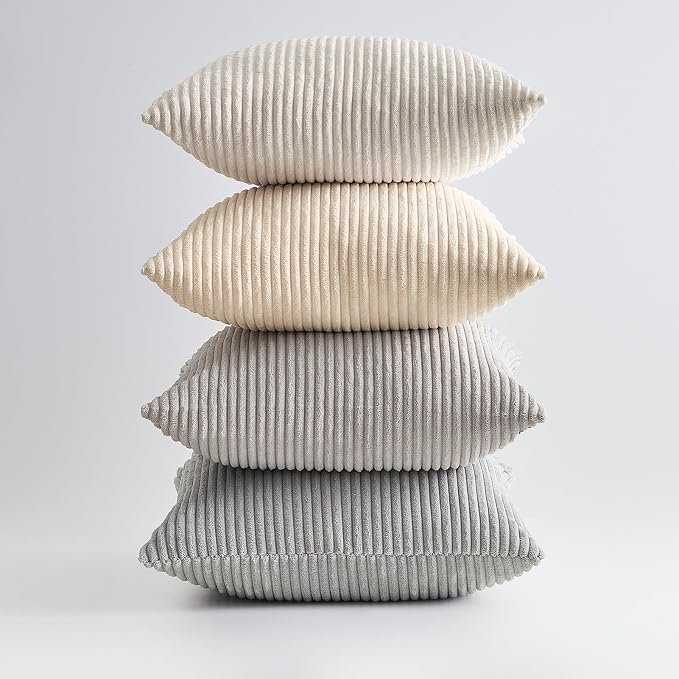 Topfinel 4 Packs Neutral Decorative Throw Pillows Covers 20x20 Inch for Living Room Couch Bed Sofa, Rustic Farmhouse Boho Neutral Home Decor, Soft Plush Striped Corduroy Square Cushion Case 50x50 cm