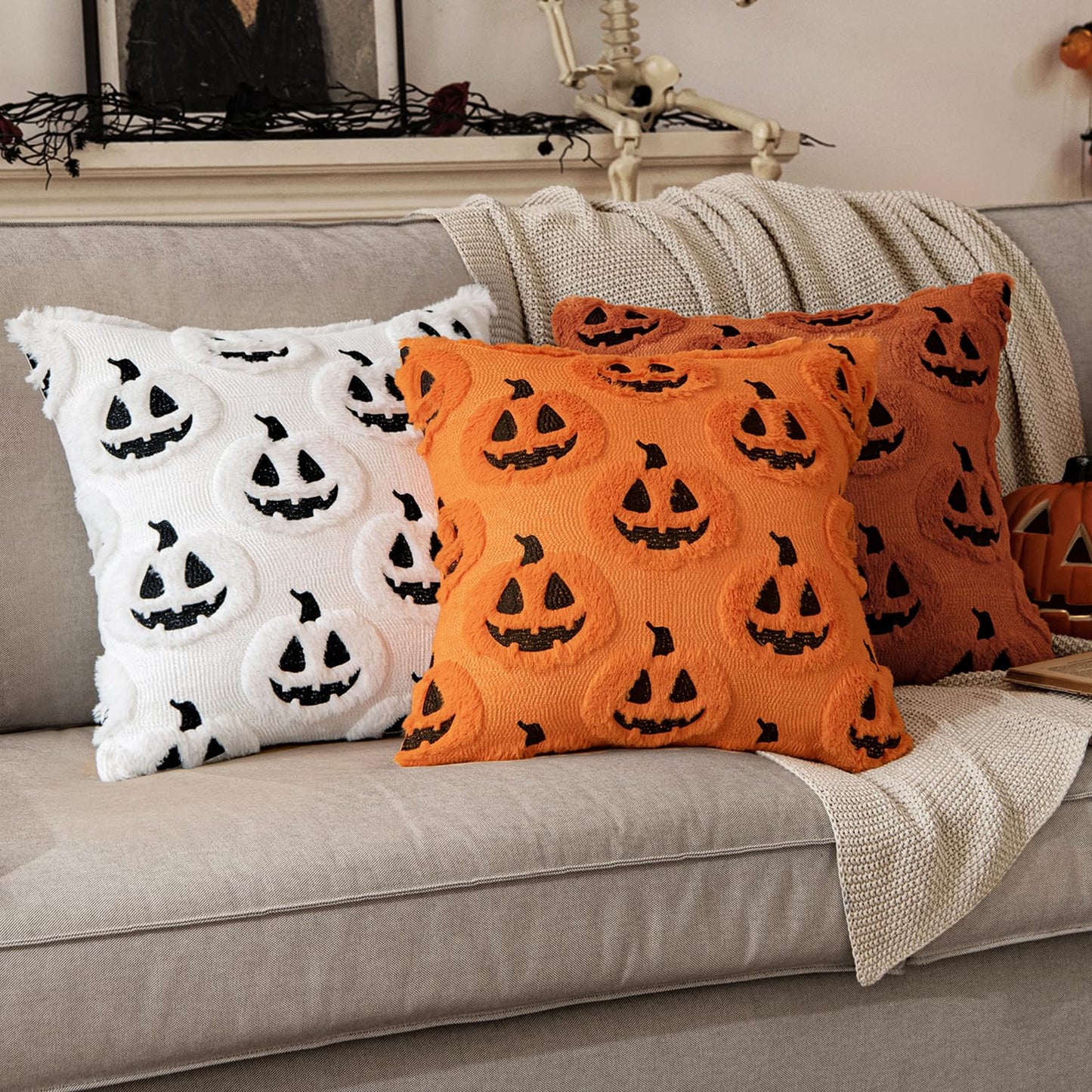 MIULEE 18x18 Inch Set of 2 Halloween White Ghost Decorative Soft Throw Pillows Bundle Rust Decorative Pumpkin Pattern Pillow Covers Plush Faux Fur Wool