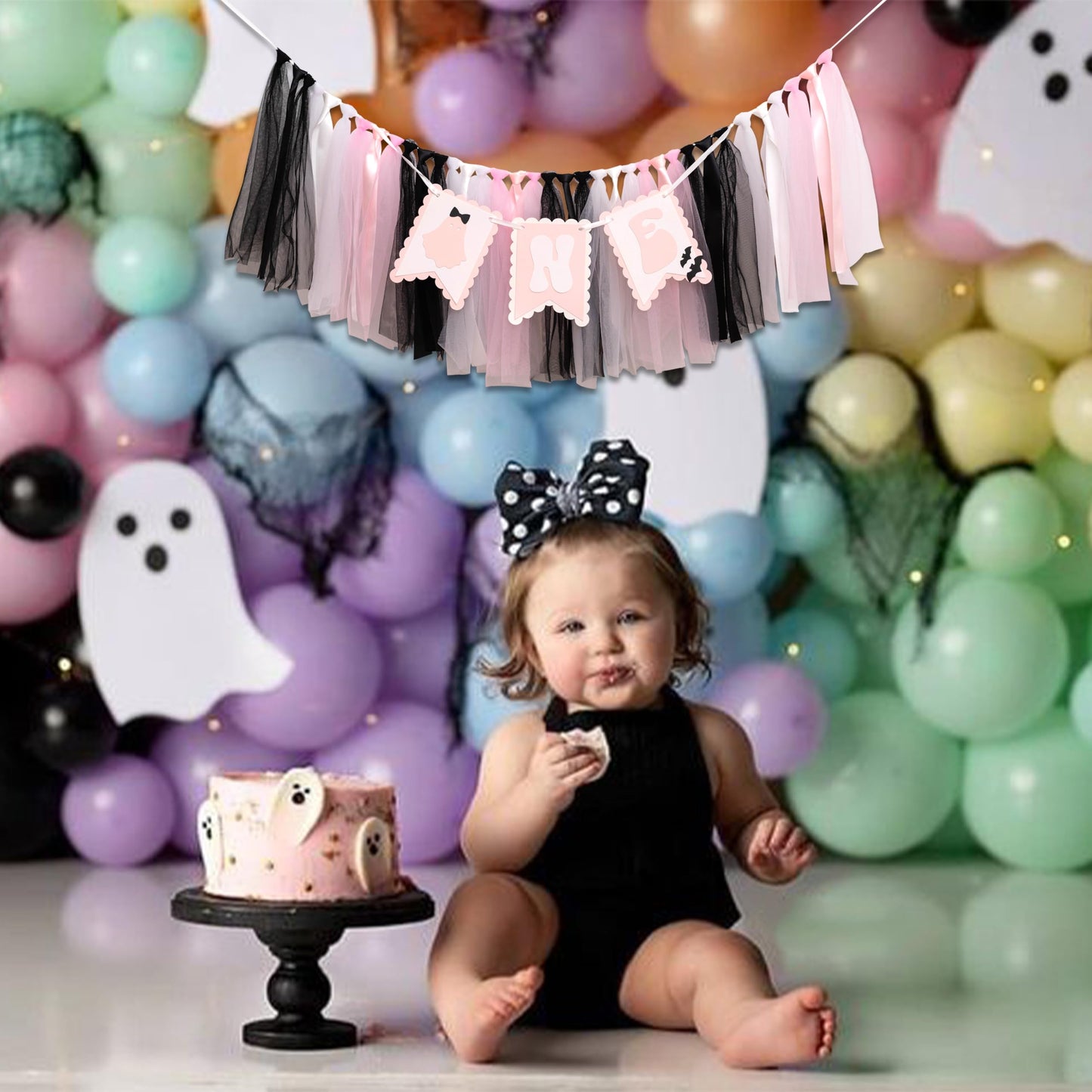 Spooky One High Chair Banner - Halloween Spooky Highchair Banner 1st Birthday, Little Ghost Halloween First Birthday Party Decorations for Cake Smash, Photo Props