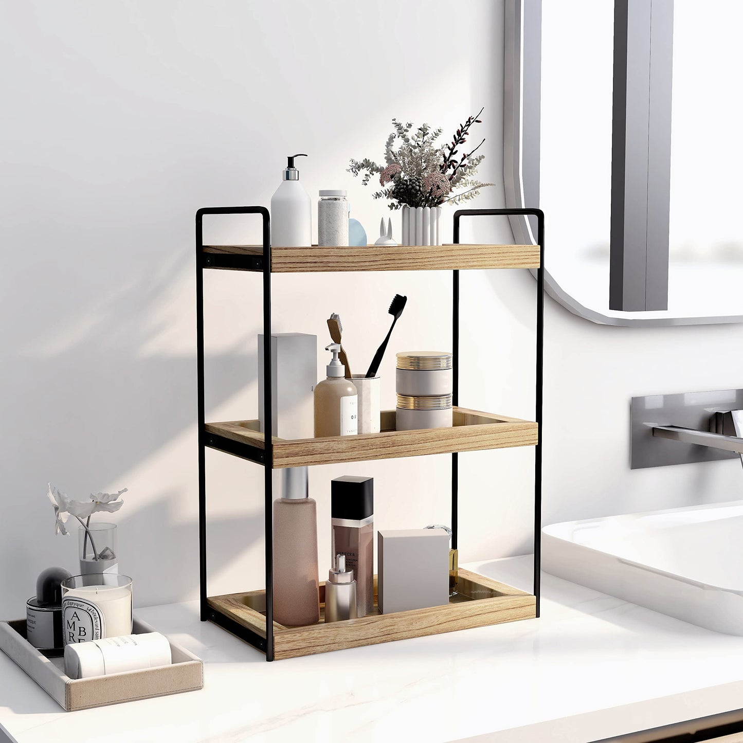 Dorhors 3 Tier Bathroom Counter Organizer,Countertop Bathroom Storage Shelf,Counter Tray and Vanity Organizer (Brown)