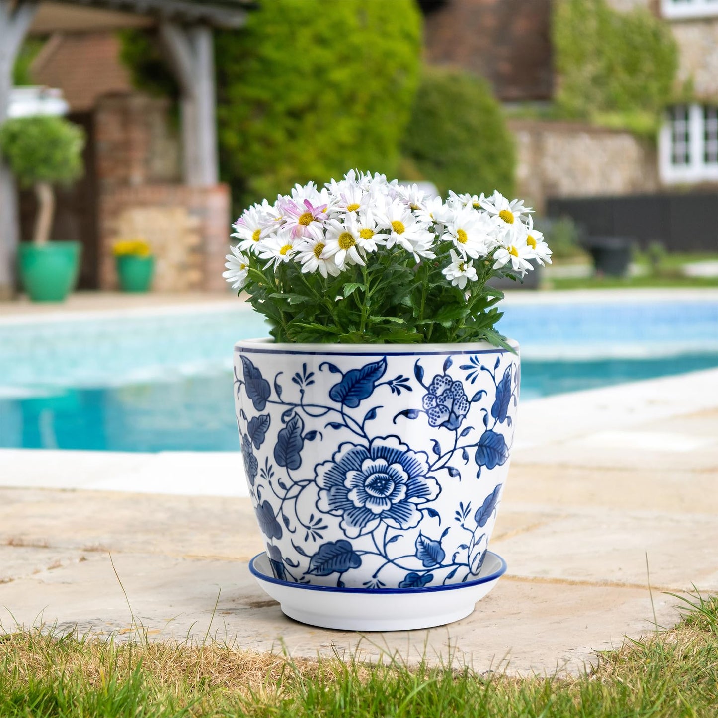 HakkaGirl 8 inch Ceramic Planters for Indoor Plants, Chinoiserie Decor Ceramic Pots for Plants Flower Plant Pots Indoor with Drainage and Saucer, Blue and White