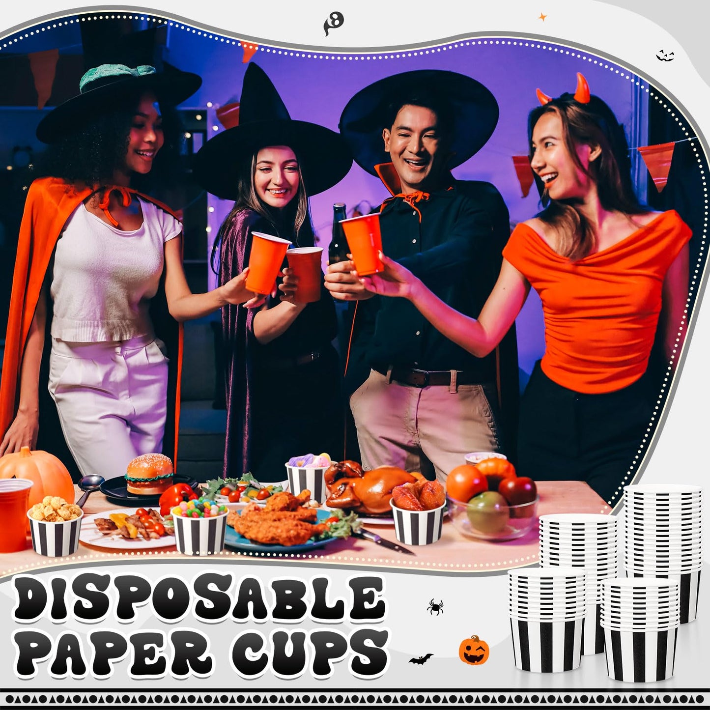Potchen 50 Pack 9 oz Disposable Paper Bowls Fiesta Paper Soup Bowls Snack Cups Plates Wedding Birthday Party Supplies for Summer Ice Cream Taco Dessert Hot or Cold Food Holiday(Black and White Stripe)