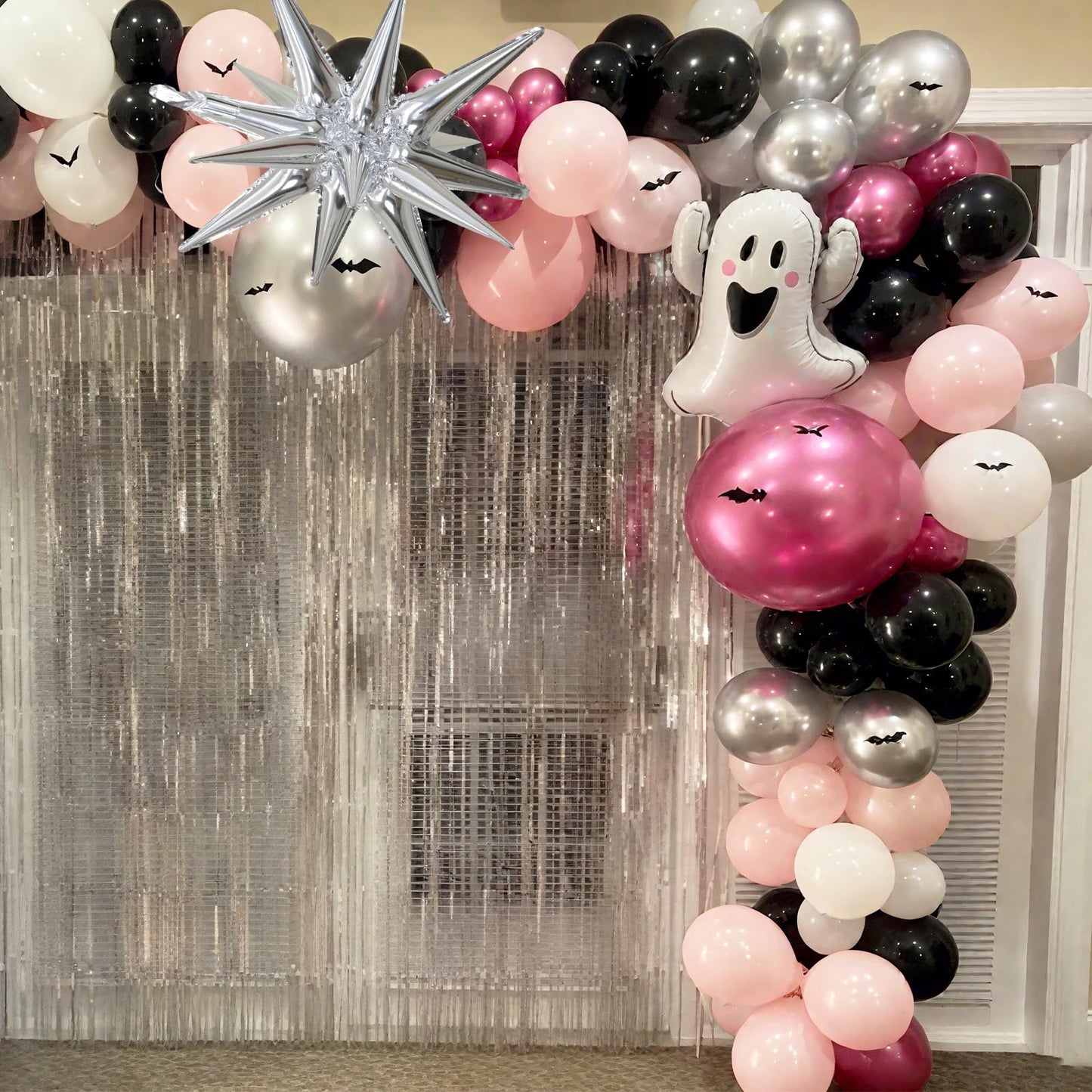 Froova Halloween Balloon Arch Kit, 131 Pcs Pink Black Silver Balloon Garland with 3D Bat Stickers Ghost Star Balloons for Girls Halloween Baby Shower Spooky Birthday Party Decorations