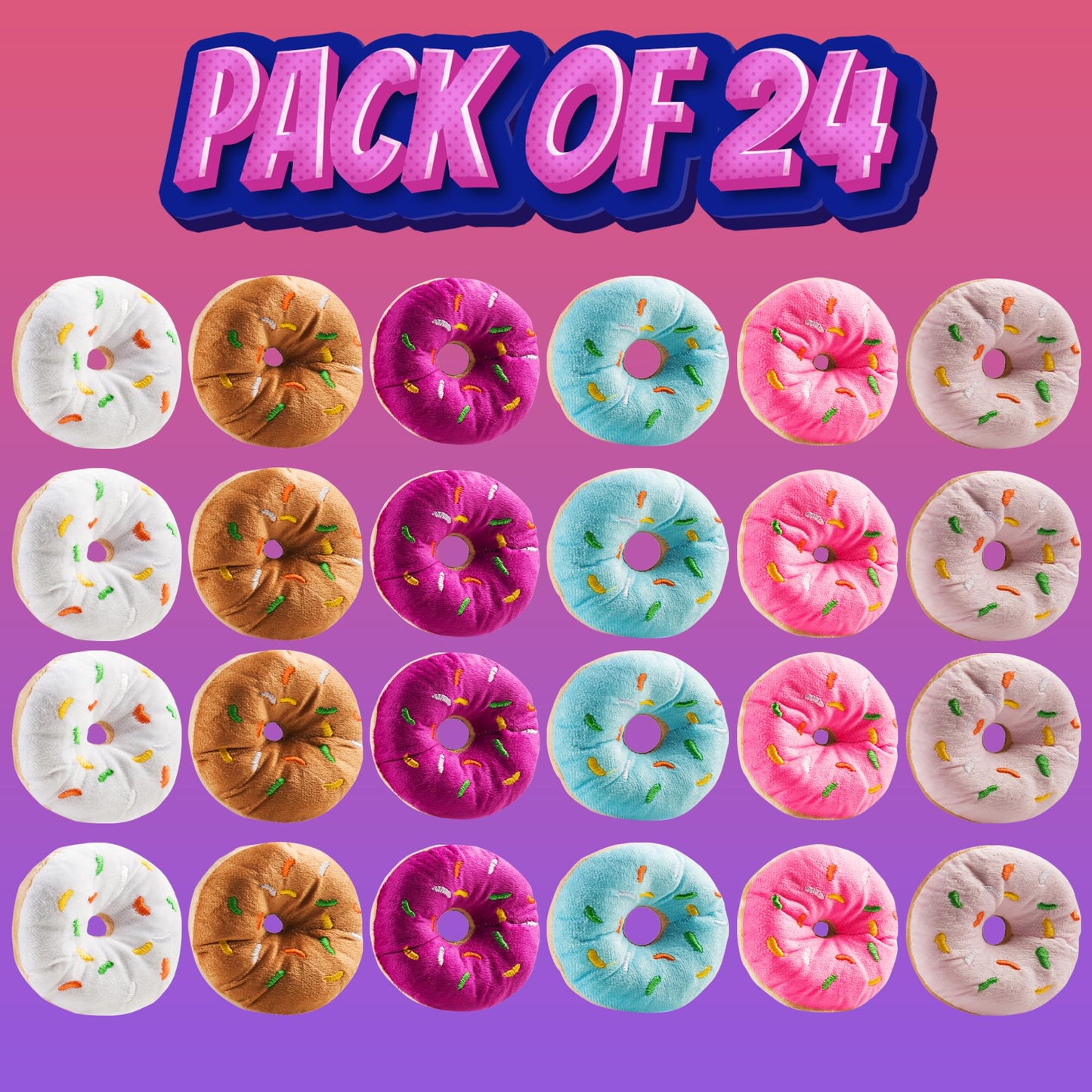 Bedwina Plush Donuts with Sprinkles - (Pack of 24) 1 Dozen Stuffed Donut Toy Party Favors, Donut Party Supplies Decorations for Kids