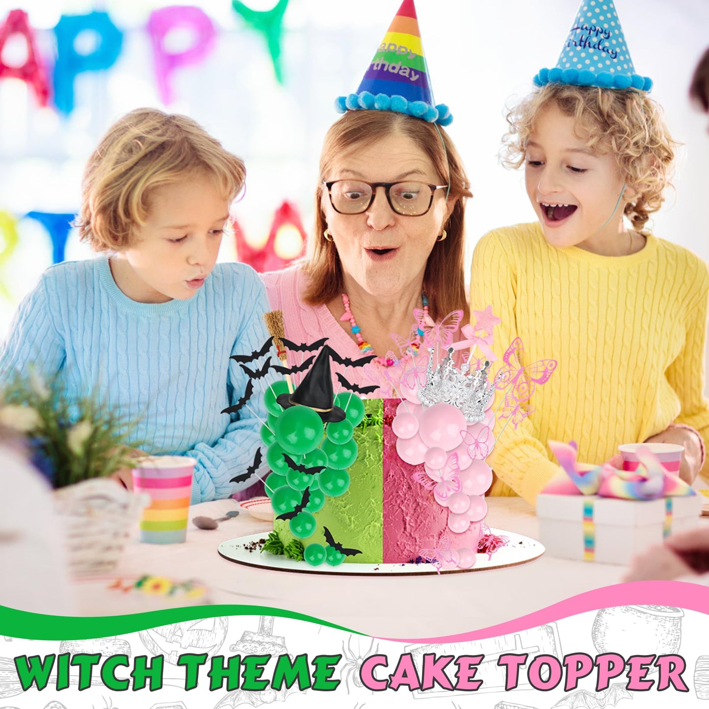 74 Pcs Witch Theme Cake Decorations Party Supplies - Green&Pink Balloons, Mini Witch Hat, Crown, Broom, Magic Wand, Bat and Butterfly Cake Topper - for Princess Witch Halloween Birthday Decoration