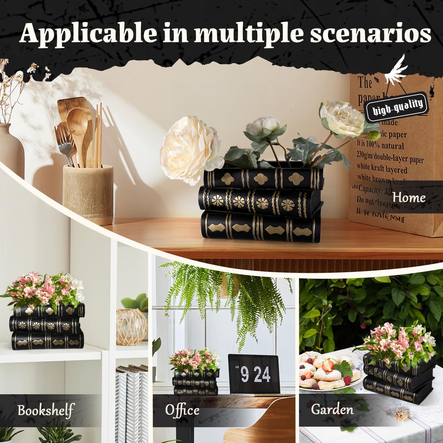 ehuoyan Gothic Book Flower Vase Stacked Black Magic Books Halloween Decorations Indoor Gothic Decor Flower Pot Candy Bowl Snack Storage Box Dark Academia Bookshelf Decor for Book Lovers