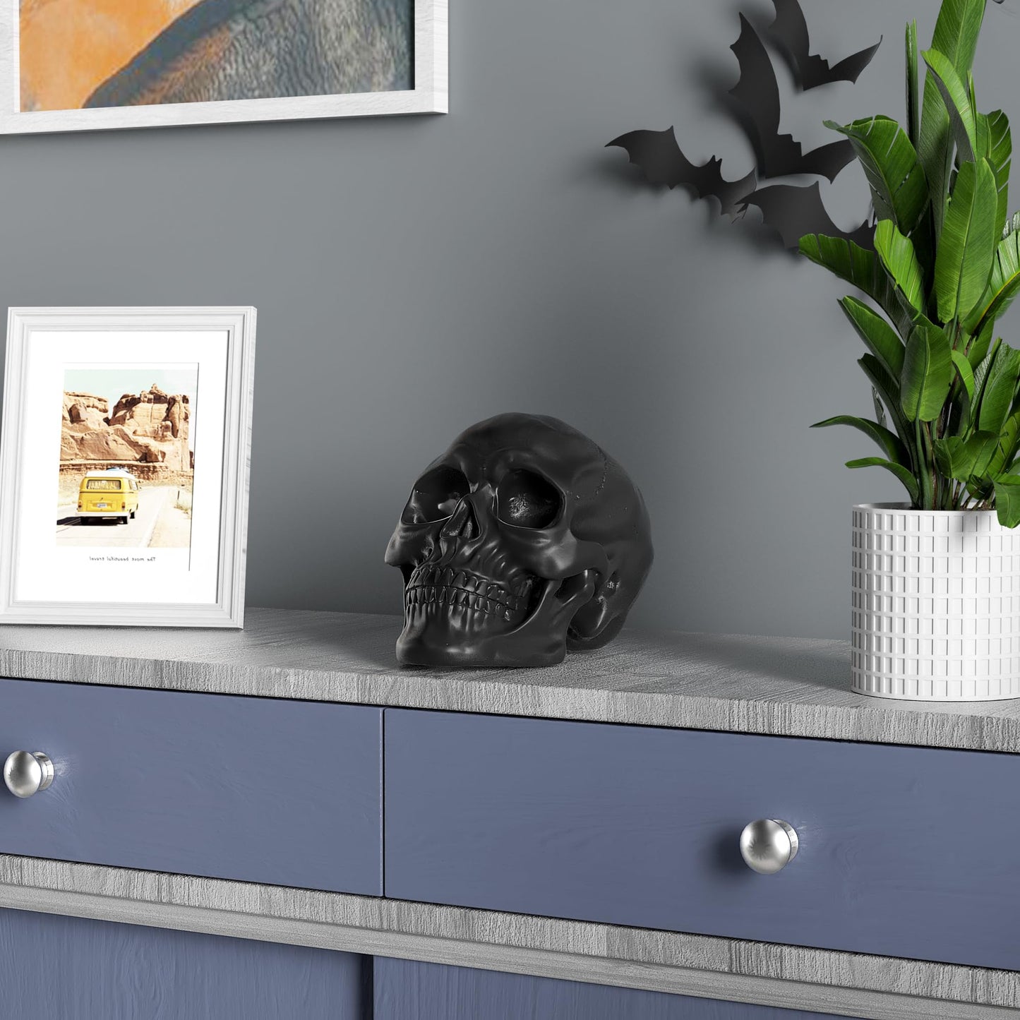 READAEER Resin Skull, Human Head Model for Home Decoration, Halloween Statue, Skull Model for Bookshelf and Desktop (Black)