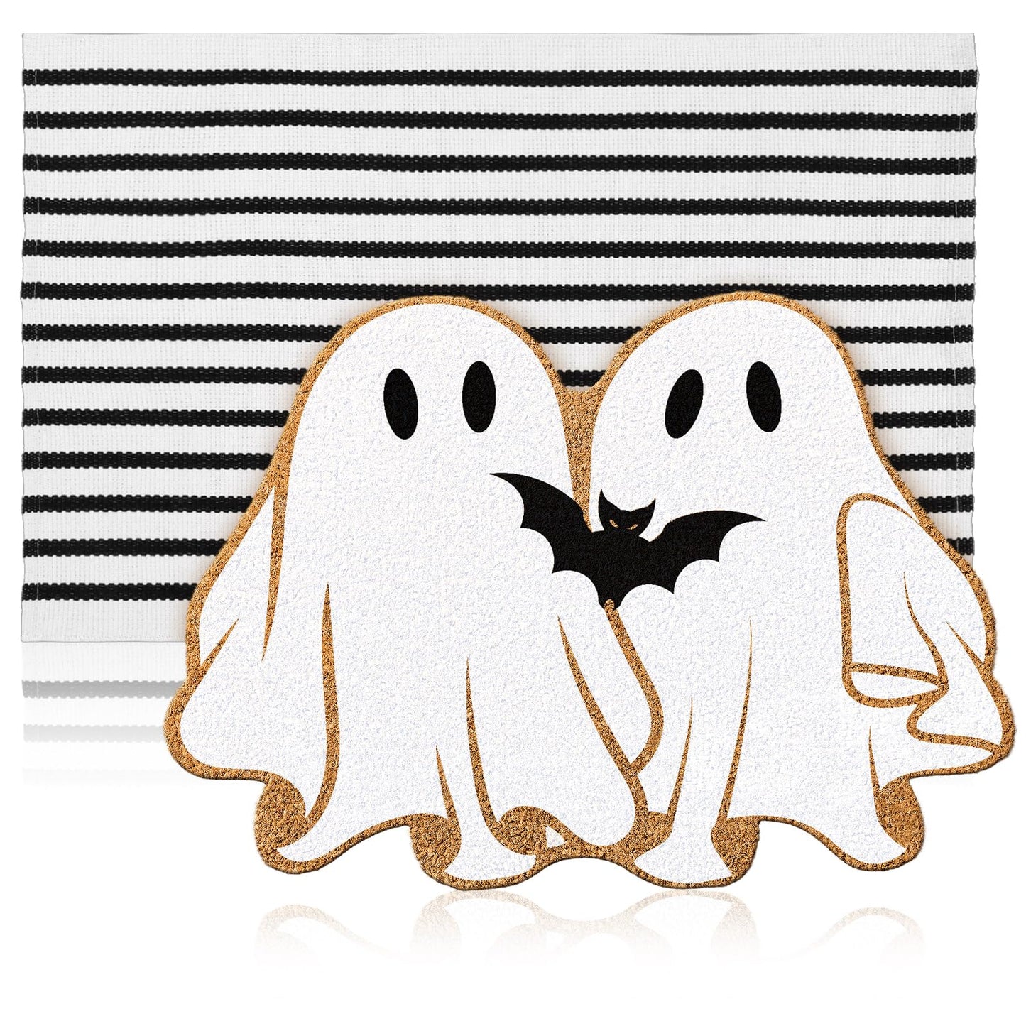 Duraaamo 2 Pcs Halloween Coir Doormat Outdoor Ghost Welcome Mat Layered Buffalo Plaid Black and White Rug Natural Coir Door Checkered Mat for Halloween Front Porch Entryway Decor