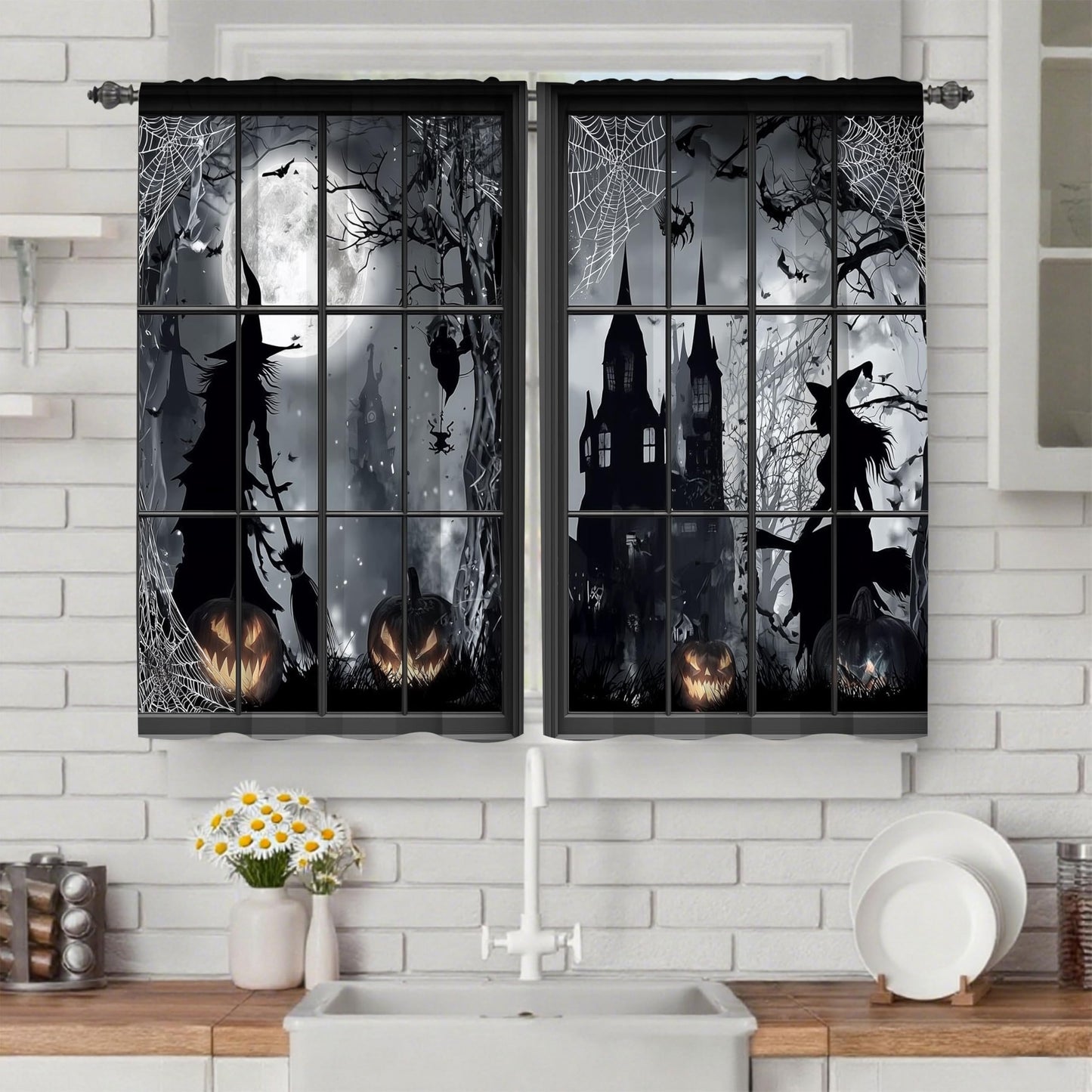 Worltoldb Halloween Witch Kitchen Curtains Cafe Curtains for Bathroom Dining Room Living Room Pocket Window Drapes 2 Panels Set 28"x36"