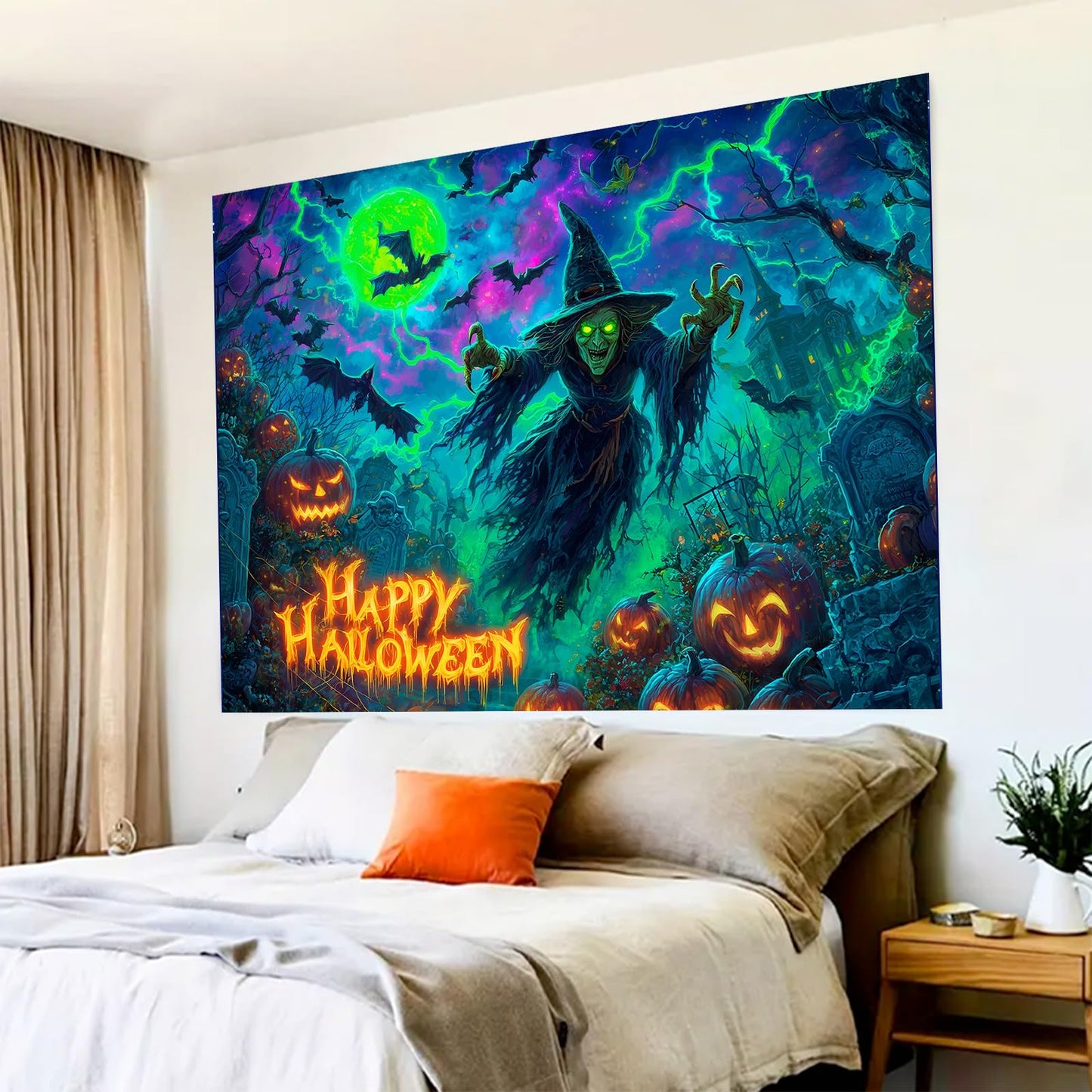 BlissYard Happy Halloween Blacklight Tapestry Neon Glow in the Dark Witch Pumpkin Bat UV Reactive Horror Wall Hanging for Bedroom Living Room Dorm Gothic Party Decor 78x59 Inch