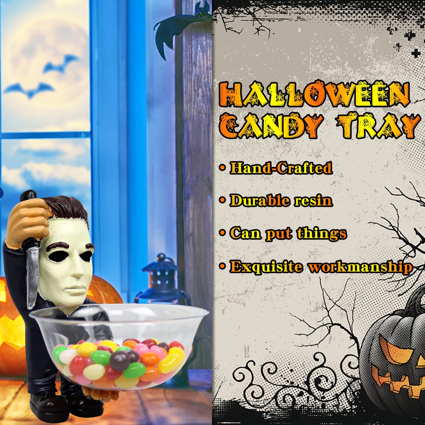 Halloween Candy Bowl Holder Horror Movie Gnomes Scary Candy Dish Stand Decorations (Resin) (A)
