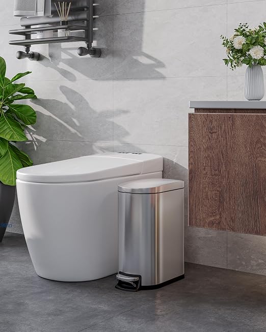Garvee 13 gal (50 L) and 2.6 gal (10 L) Stainless Steel Trash Can Combo Set, Rustproof Garbage Can with Lid for Kitchen and Bathroom, Step-on Trash Bin with Inner Bucket, Rear Handle, Silver