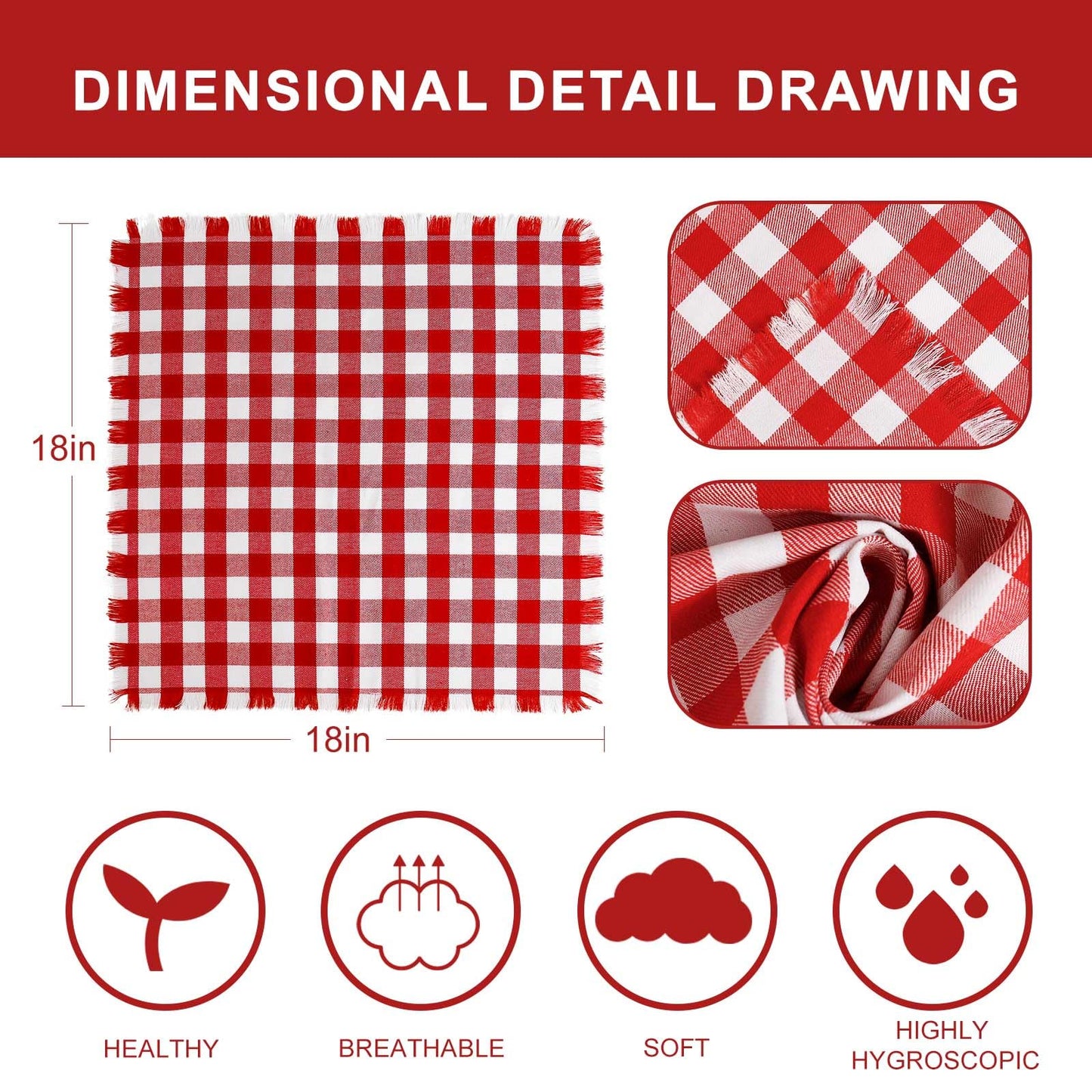 Red White Plaid Cloth Napkins with Fringe Set of 8, Buffalo Checkered Cotton Napkins Washable, Oversized Gingham Napkins, Christmas Dinner Napkins for Wedding, Parties, Thanksgiving, Dinner Decor