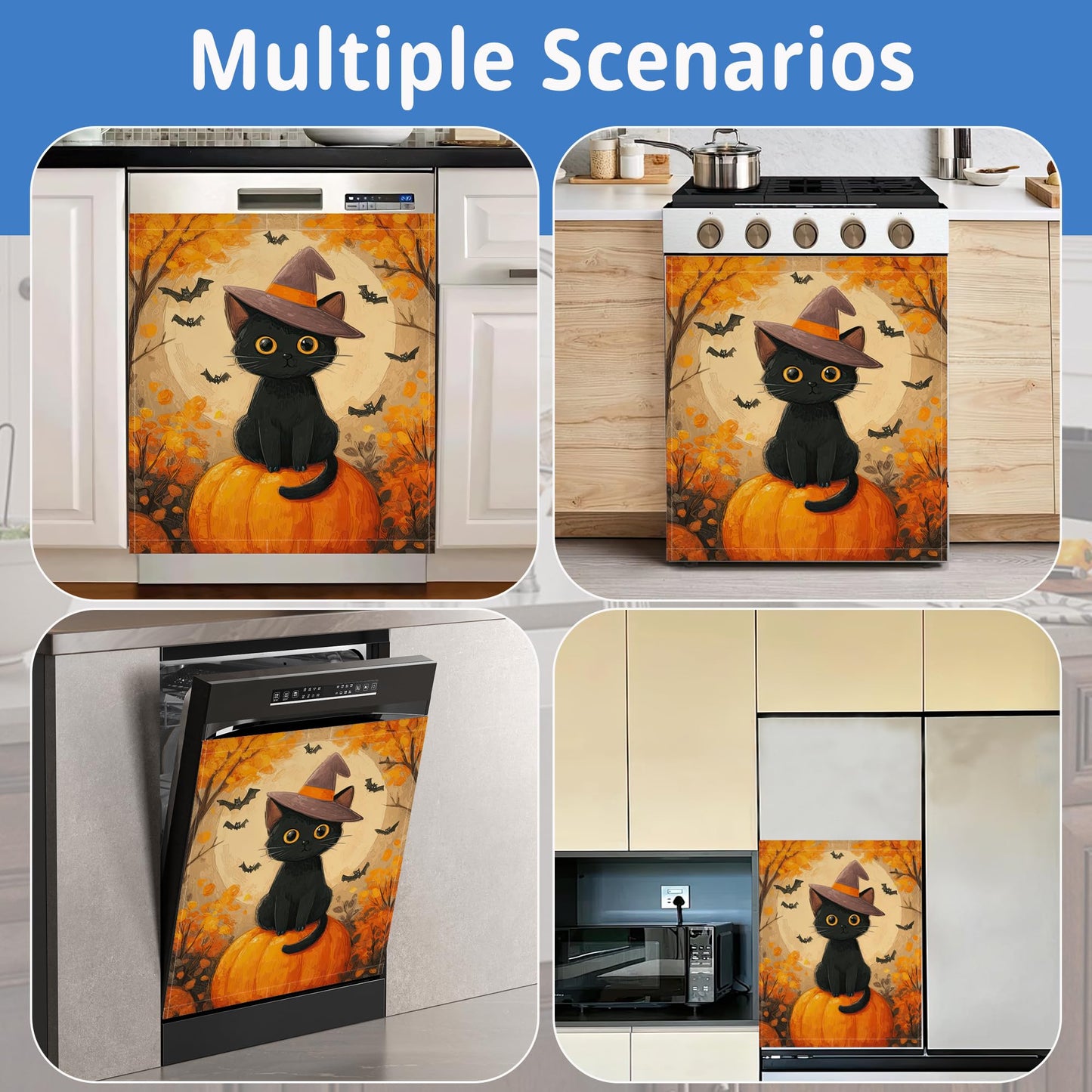 Magnetic Dishwasher Cover for Kitchen Decor Halloween Pumpkin,Washable Removable Black Cat Bat Front Panel Appliance Cover,23 x 26 Inch