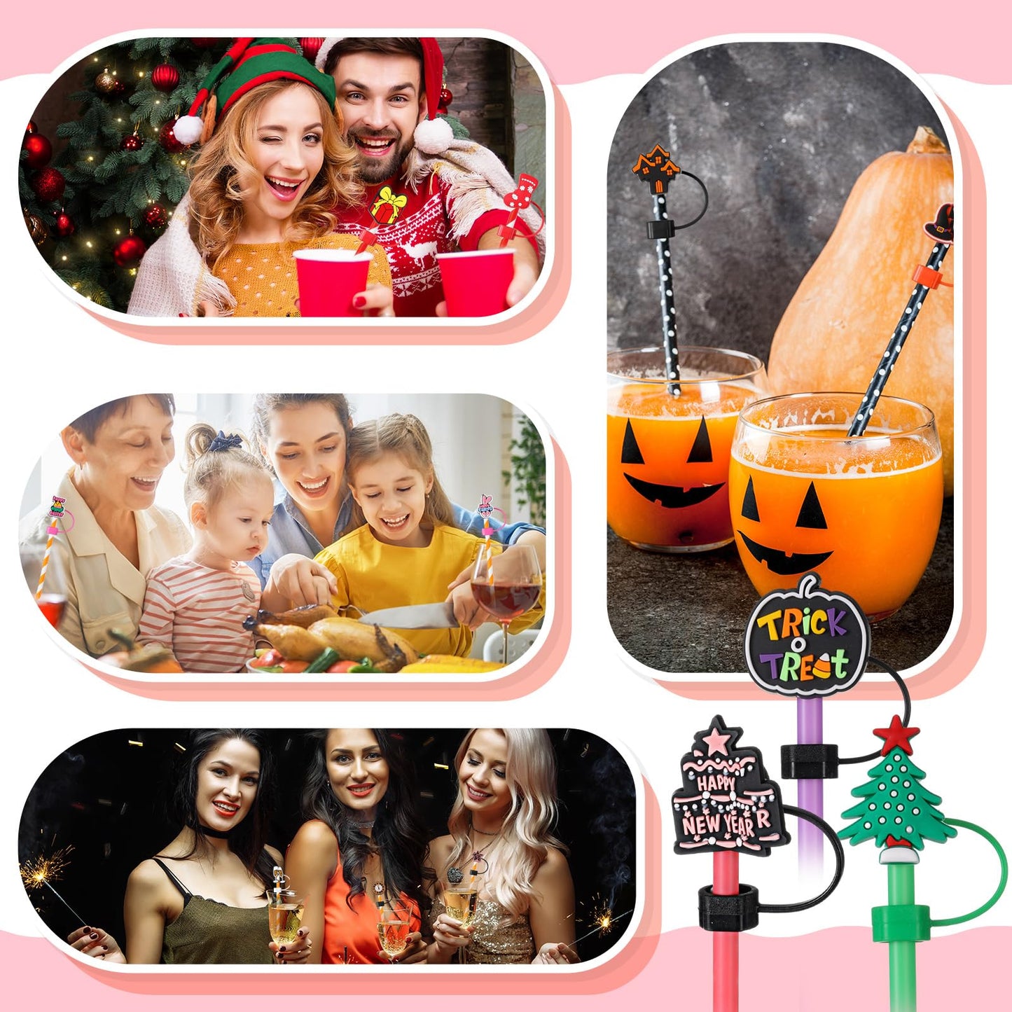 Ninehaoou 48 Pcs Holiday Straw Toppers Silicone Cute Straw Cover Cap Tumbler Reusable Drinking Cover Lid Topper Protector for Christmas Halloween Easter Independence Day St Patrick's Day