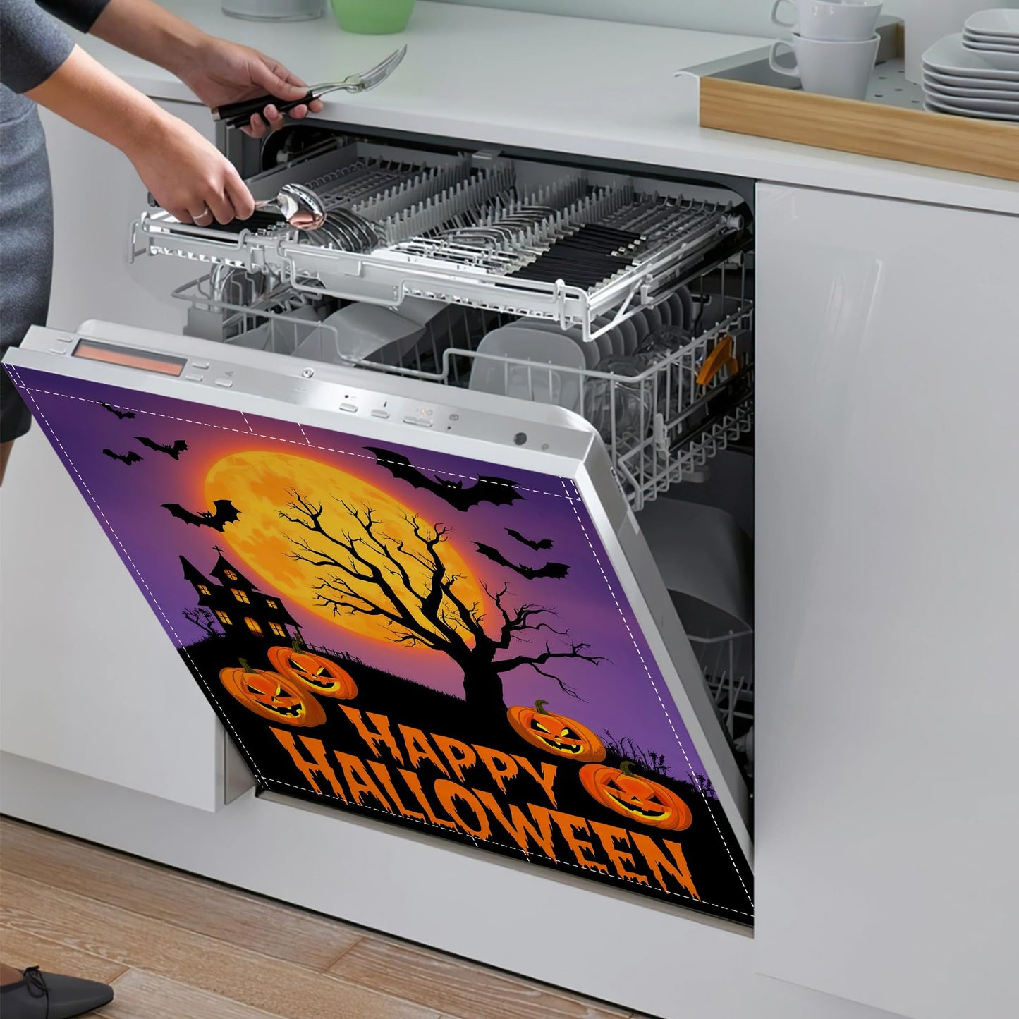 Halloween Pumpkin Bat Dishwasher Magnet Cover,Front Dishwasher Cover Decoration Reusable Decorative Magnetic Cover for Home Kitcen Appliance 23x26 Inch
