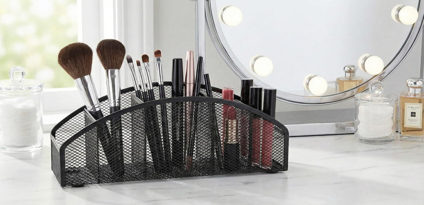 Yunsphere 5-Tier Desk Organizer & Pen Holder, Large-Capacity Metal Mesh Pencil Cup, Cute Aesthetic Desktop Caddy for Markers, Art Supplies, Makeup Brushes, Black