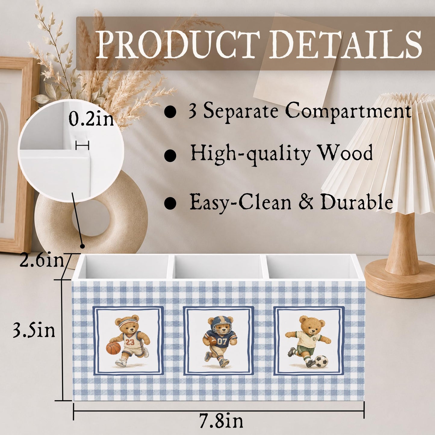 WUHSDIBC Bear Nursery Kids Pen Pencil Holder for Desk, Sports Player Bear Retro Blue Gingham Wooden Pencil Holder Organizer Desk Accessories Decor for Kids Boys Room Bedroom Playroom Desk Tabletop