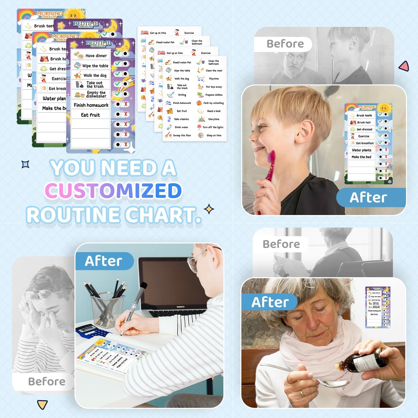 Chore Chart for Kids: Dry Erase to Do List, Morning/Bedtime Routine Chart, Magnetic Checklist, Toddler Visual Schedule, Daily Behavior Chart for Fridge (4 Pack)