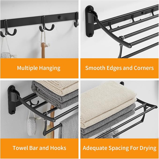 BESy 24 Inch Matte Black Towel Racks, Bathroom Towel Shelf with Foldable Towel Bar Holder and Towel Hooks, Wall Mounted Multifunctional Bathroom Accessories, Double Towel Bars