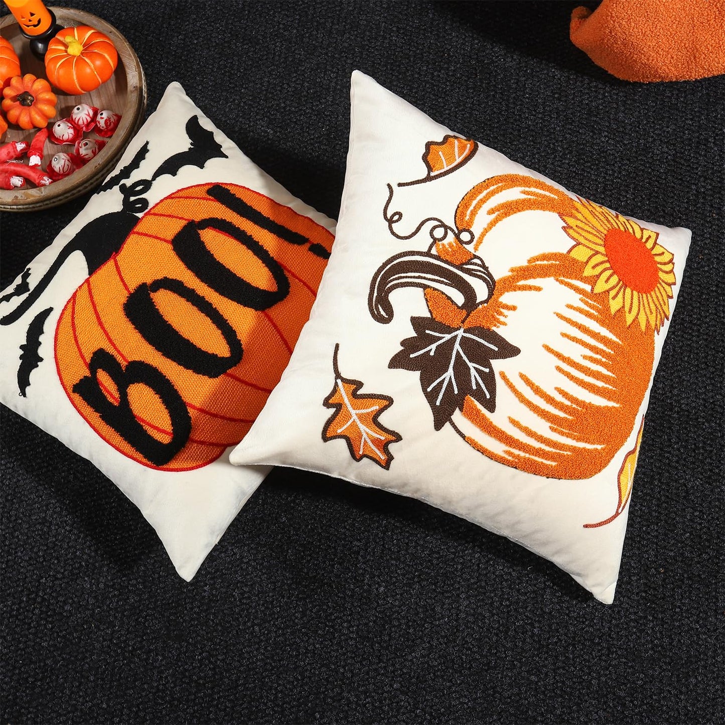 LUOYEHK Halloween Pillow Covers 18x18 Set of 2 Boo Embroidery Throw Pillow Covers Farmhouse Halloween Home Decor Cushion Covers for Couch Sofa Bed