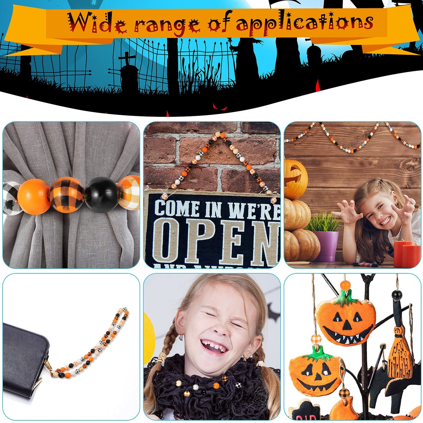 200 Pieces Halloween Wood Beads Buffalo Plaid Yellow Orange Black Wood Spacer Beads Round Rustic with Rope for Halloween Garland Decoration DIY Home Decor