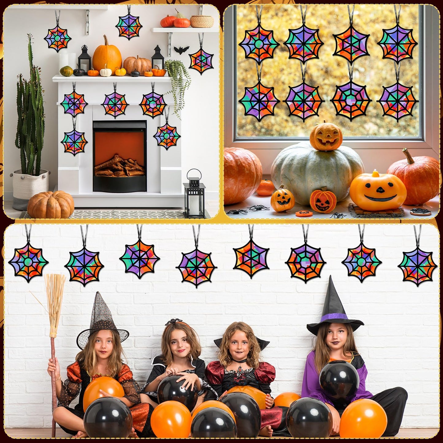Qyeahkj 36 Set Halloween Spider Web Suncatchers Crafts DIY Hanging Spider Web Tissue Paper Crafts Kit Window Art Ornaments Decor for Halloween Activity Art Project Party Favor Gift