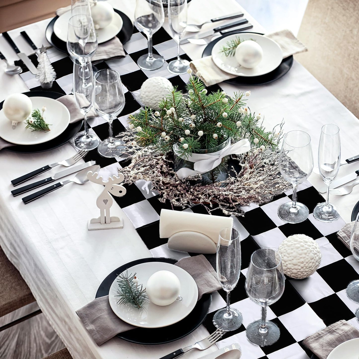 Preboun 12 Pcs Plastic Checkered Table Runner 14 x 108 Inch Racetrack Road Table Runner for Two Fast Car Theme Birthday Racing Party Decor Events Supplies (Black White Checkered)