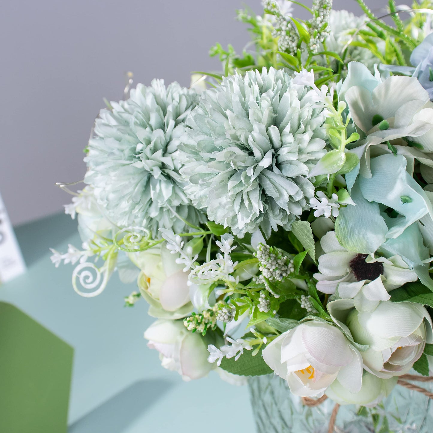 Artificial LED Green Rose Flowers with Glass Vase, Remote Control Led Light, Flower Arrangement for Table Centerpiece, Home Office Wedding Decoration