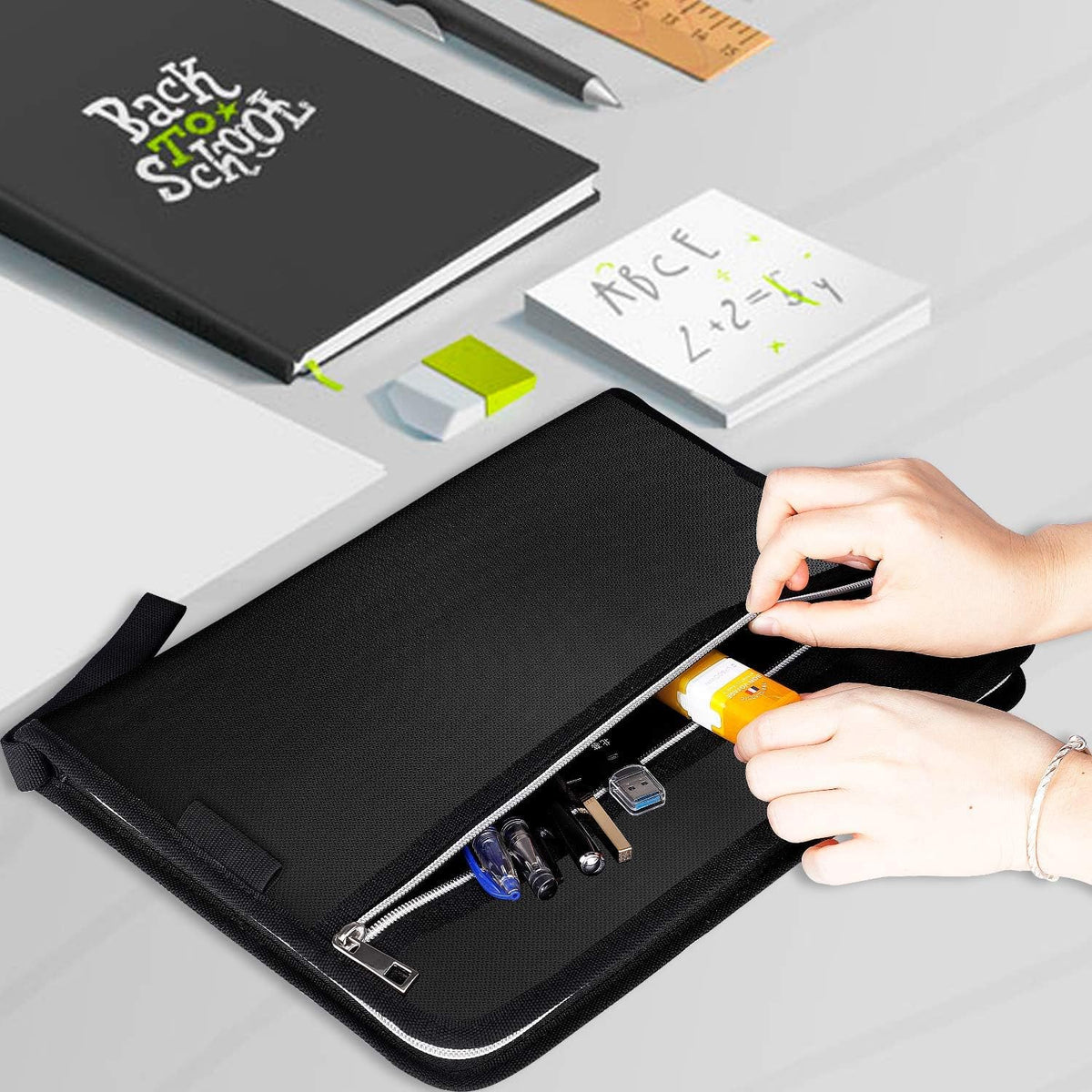 Fireproof Safe Waterproof Accordion File Bag Folder Expanding Filing Folder with 14 Multicolored Pockets, A4 Letter Size, Document Organizer Holder and Color Labels /2 Zipper (Black 14.3" x 9.8")