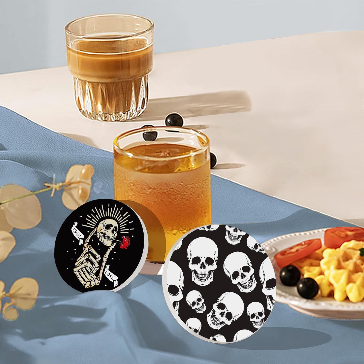 Coaster for Drinks Set of 6, Skeleton Skull Absorbing Round Ceramic Stone Coaster with Cork Base,Tabletop Protection Mat for Mugs and Cups,Coffee Table Wine Glass Home Bar 4 Inch