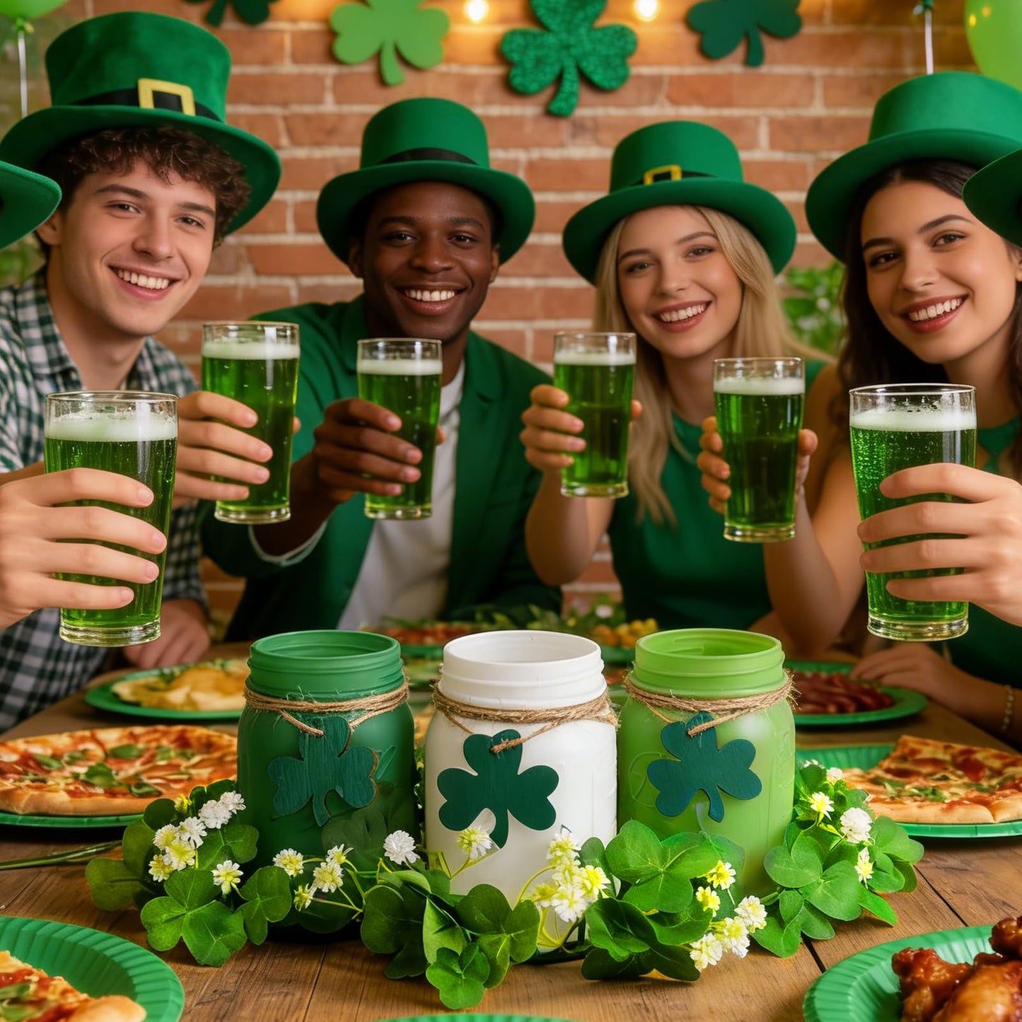 St. Patrick’s Day Mason Jar Decor Set of 3 – Green Farmhouse Table Centerpiece with Shamrock Wreath & Wooden Clover Accents, Irish Spring Home Decorations