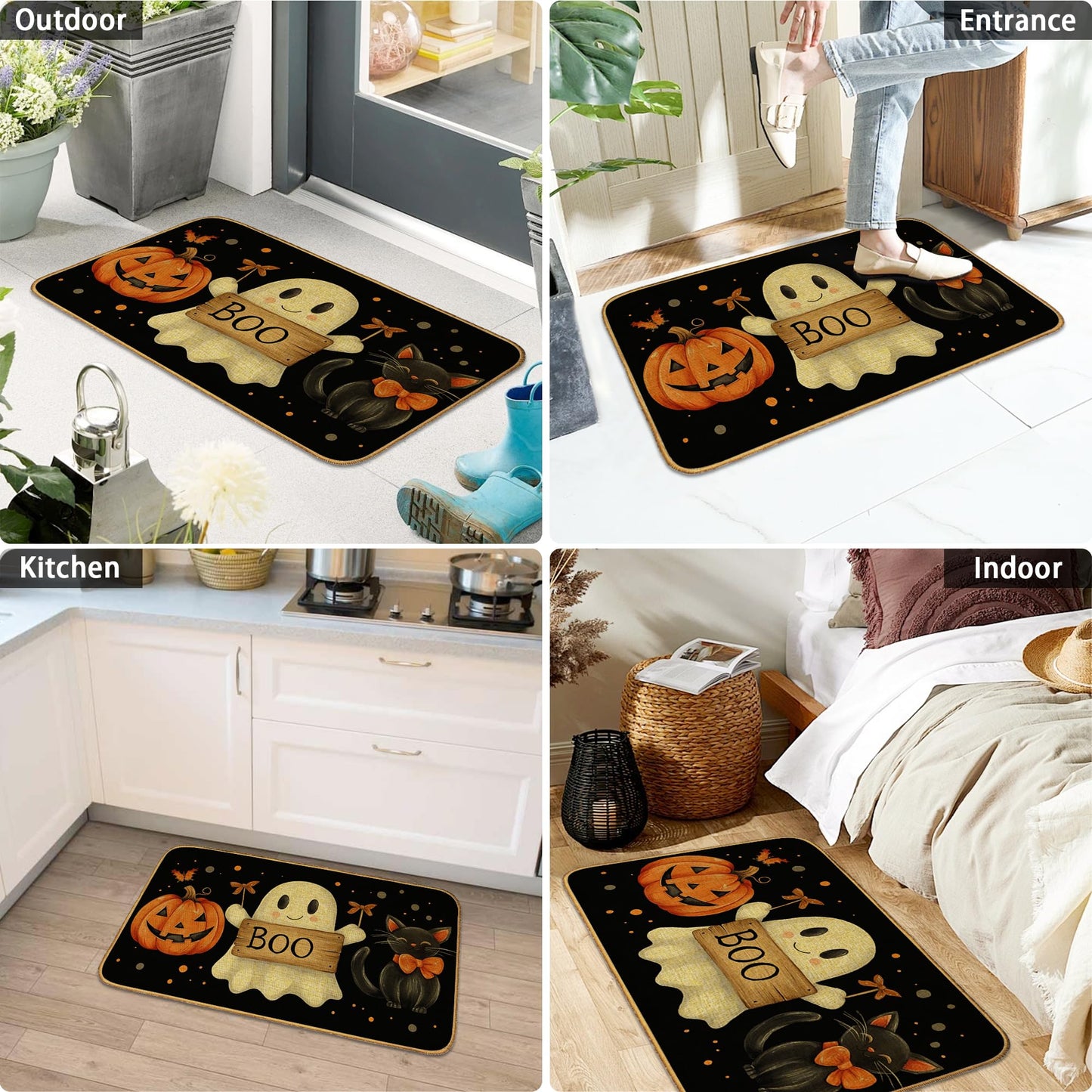 Doormat Halloween Ghost Boo Front Door Mat Indoor Outdoor Entrance,Black Cat Pumpkin Door Mat Waterproof Low Profile All-Season,Easy Clean Patio Porch Entryway Floor Rug 17x29 Inch