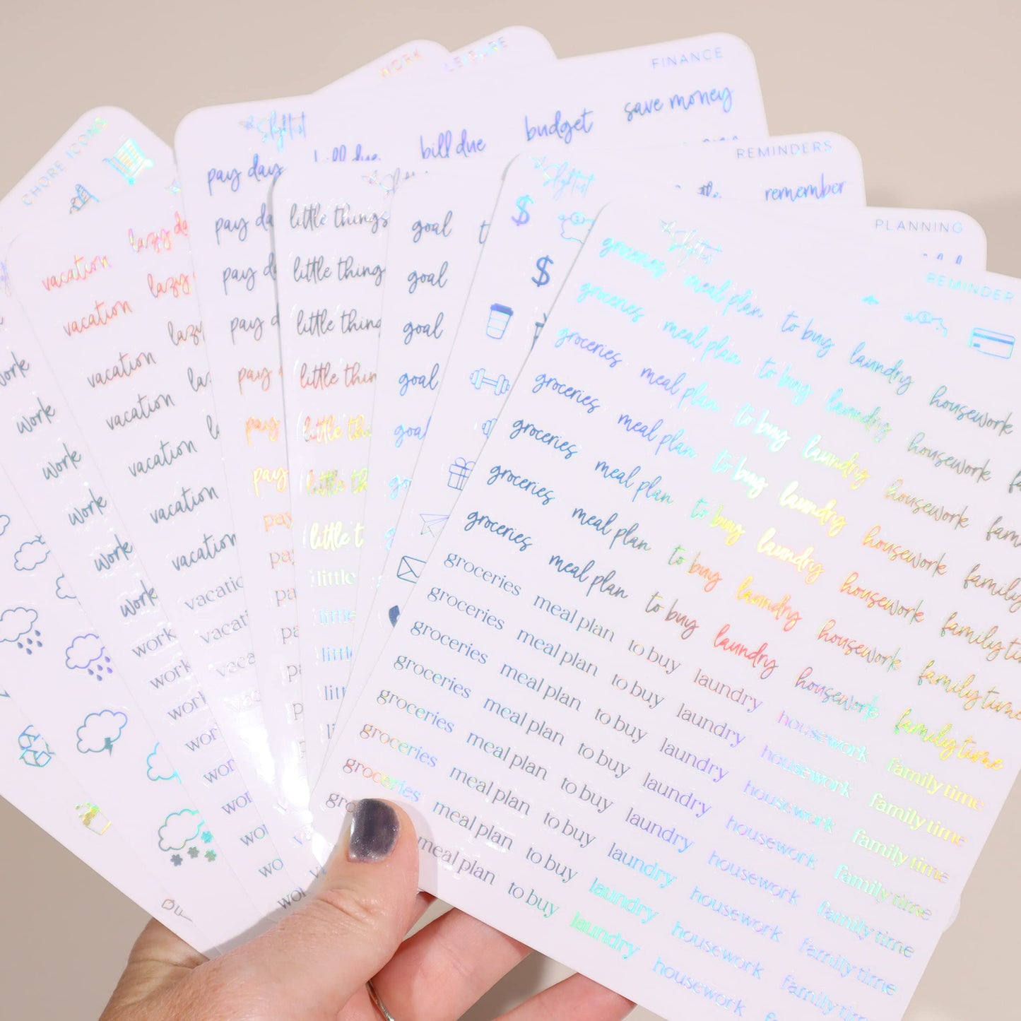 In The Slightest - Clear Holographic Foil Planner Stickers, Productivity, Functional, Icons, Words, Over 600 Stickers, Organzie, Aesthetic, Folder Included, Minimal, Rainbow Shift - Holographic