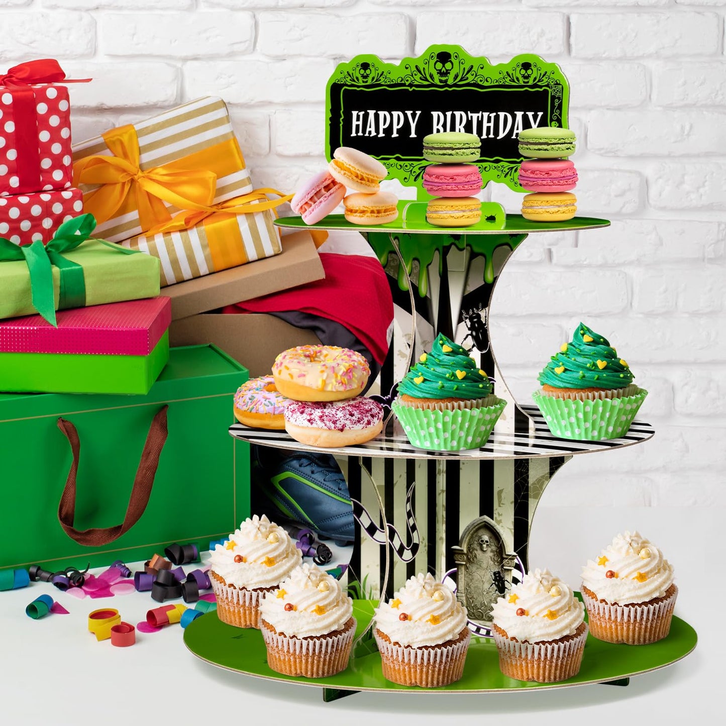 BHronony Beetle Cupcake Stand Decorations - 3 Tier Horror Movie Halloween Party Cake Toppers Tiered Stand, Horrible Theme Paper Cupcake Tower Cactus Dessert Holder for Birthday Bar Supplies (2PCS)