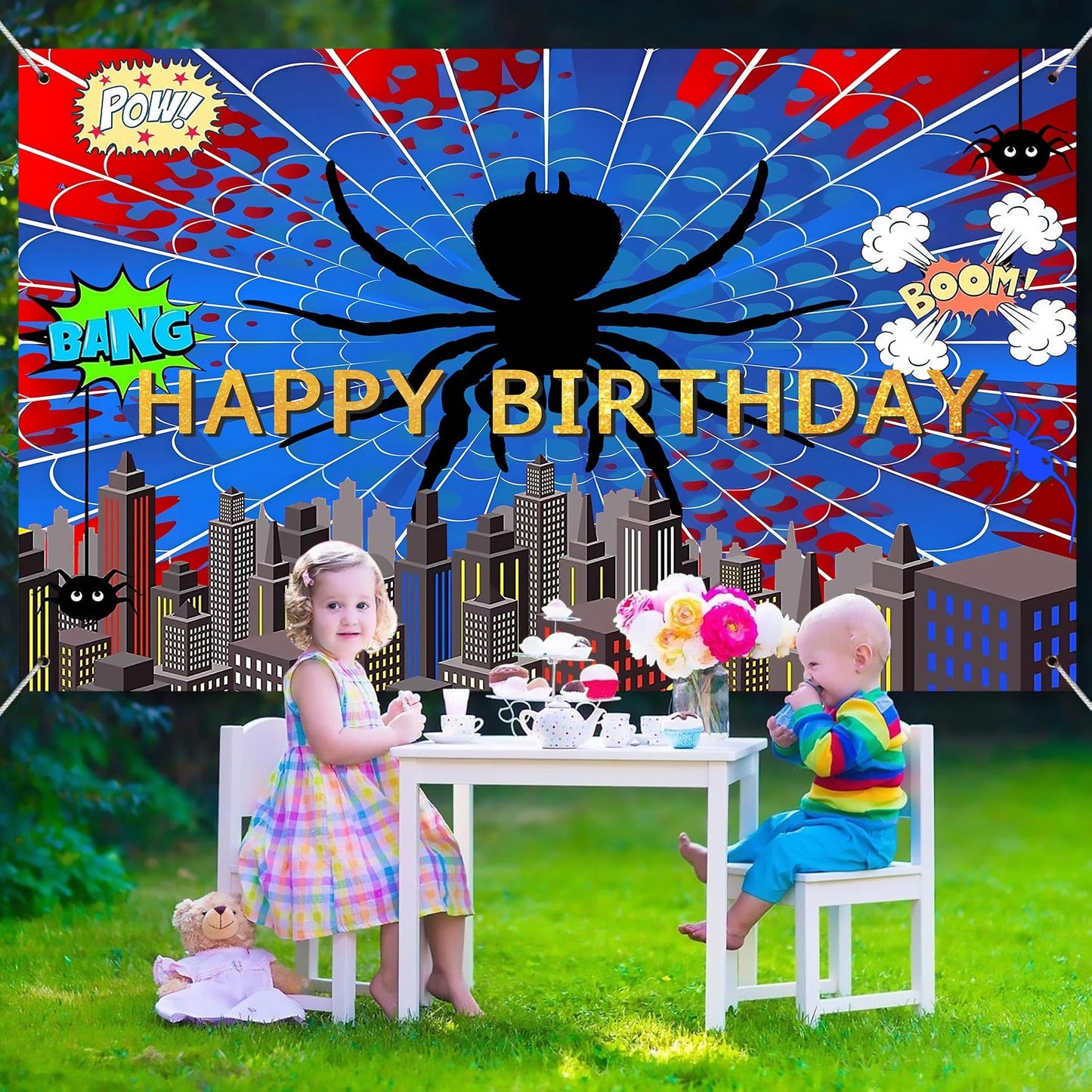 MOXDBT Red Blue Spider Web Superhero Photo Backdrop Banner 71x43 Inch Vibrant Polyester Spider Web Decoration Background for Boys Men Birthday, Baby Shower Bday Table Prop,Spider-Themed Party Decor